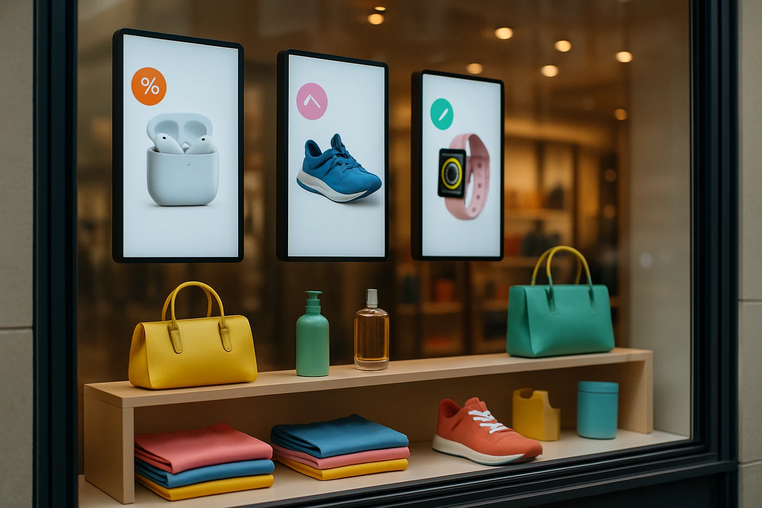 A storefront window displaying an array of personalized digital offers and product recommendations on sleek digital screens, with colorful products arranged enticingly inside.
