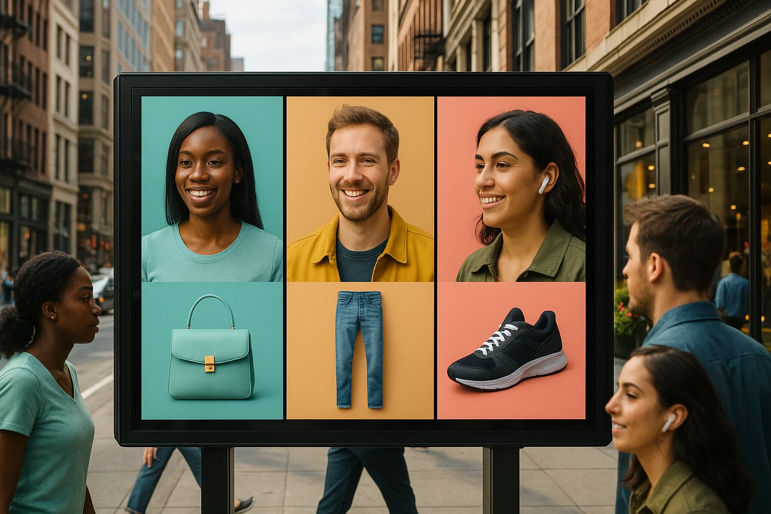 On a vibrant city street, a dynamic billboard displays personalized ads tailored to passersby, each advertisement changing in real-time, reflecting their recent shopping history.