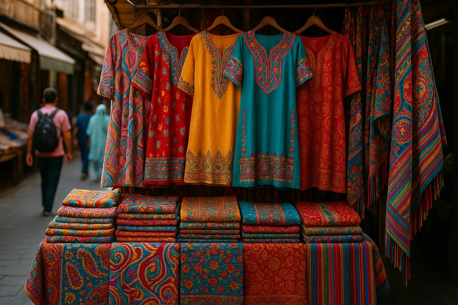 A colorful market stall displaying vibrant, traditional fabrics and dresses from various cultures, with intricate patterns and textures, set against a bustling street scene.