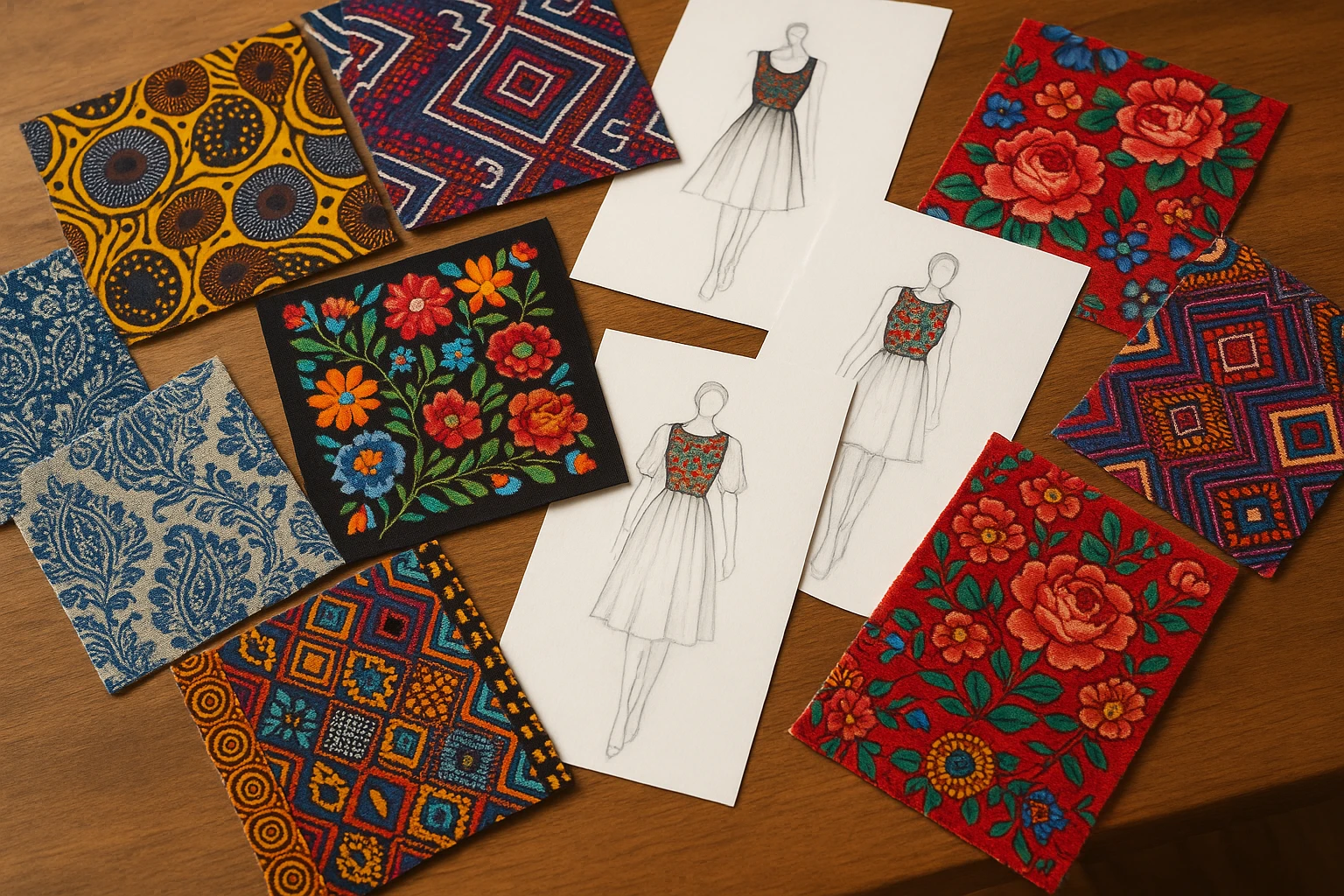 A close-up of a designer's workspace with an array of swatches featuring intricate patterns from various cultures, such as African wax prints, Mexican embroidery, and Russian floral motifs, with sketches of dresses incorporating these elements scattered across a wooden table.