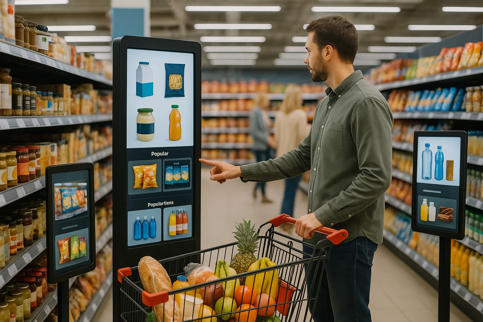 A bustling supermarket aisle with a smart digital kiosk that dynamically updates product suggestions based on a shopper's past purchases, alongside interactive displays showcasing popular items tailored to diverse customer profiles.