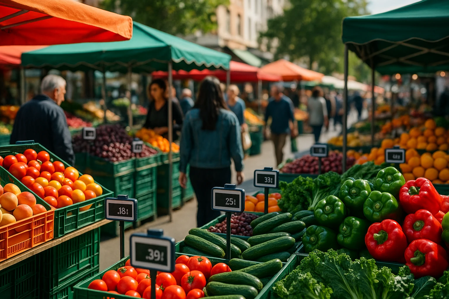 An outdoor market scene with a variety of colorful stalls, each displaying products dynamically priced and advertised through digital price tags that adjust in real-time, showcasing the adaptability of Dynamic Yield integration in a vibrant, bustling environment.