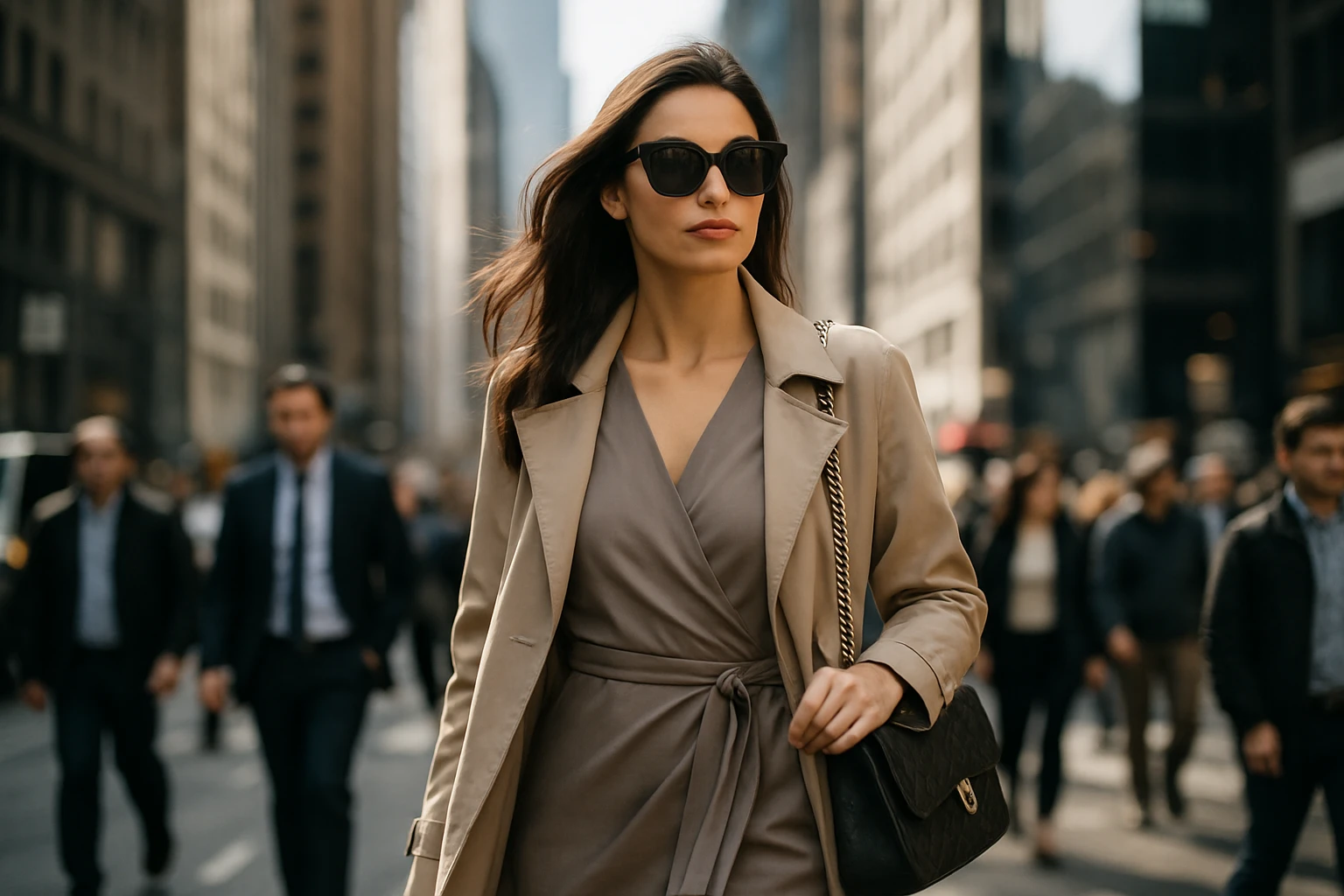 A bustling city street with a woman confidently navigating the crowd in a sleek wrap dress and lightweight trench coat, a designer handbag slung over her shoulder, and chic sunglasses shielding her eyes from the bustling urban skyline.