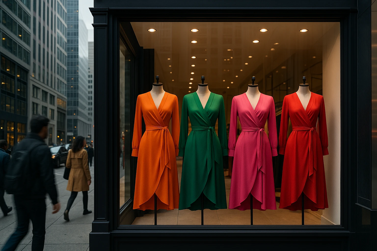 A trendy boutique storefront in a bustling city, displaying an array of elegant wrap dresses in vibrant colors, with a backdrop of sleek skyscrapers and busy pedestrians walking by, capturing the essence of urban fashion and dynamism.