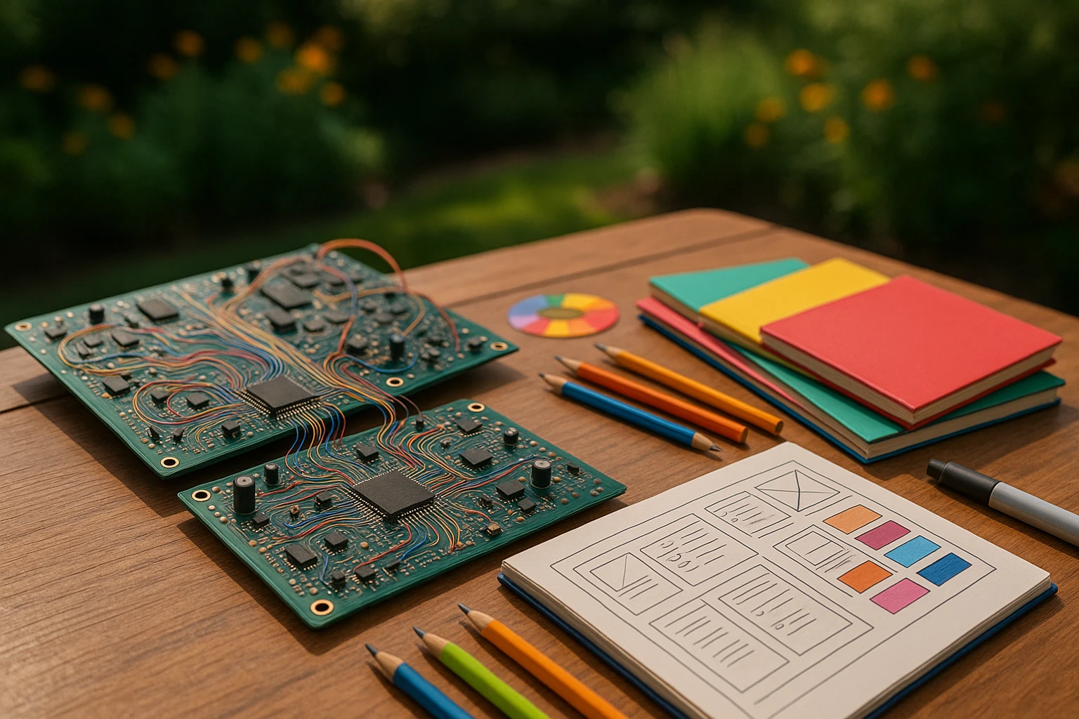 A set of circuit boards with intricate wiring laid out on a wooden table, symbolizing Dynamic Yield's experience optimization, next to a collection of colorful sketchpads and design tools representing Everconvert.ai's creative automation, all set against a garden backdrop.