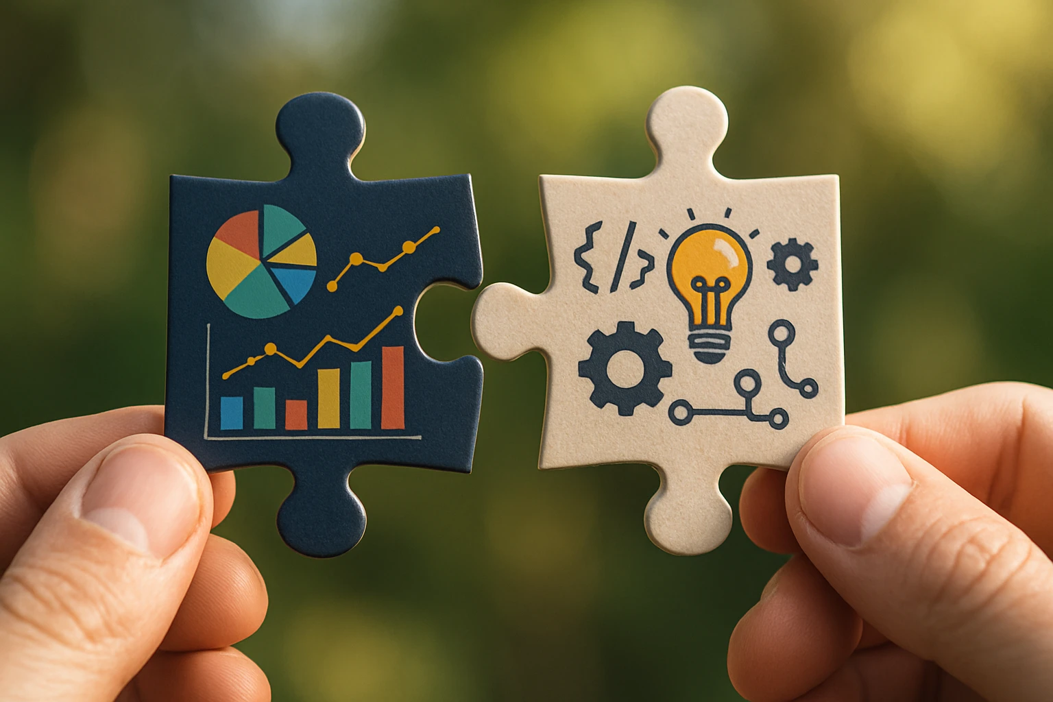 A close-up of two puzzle pieces being connected, one featuring a vibrant graphic of data charts and graphs for Dynamic Yield, and the other displaying abstract symbols of creativity and technology for Everconvert.ai, set against a blurred nature background.