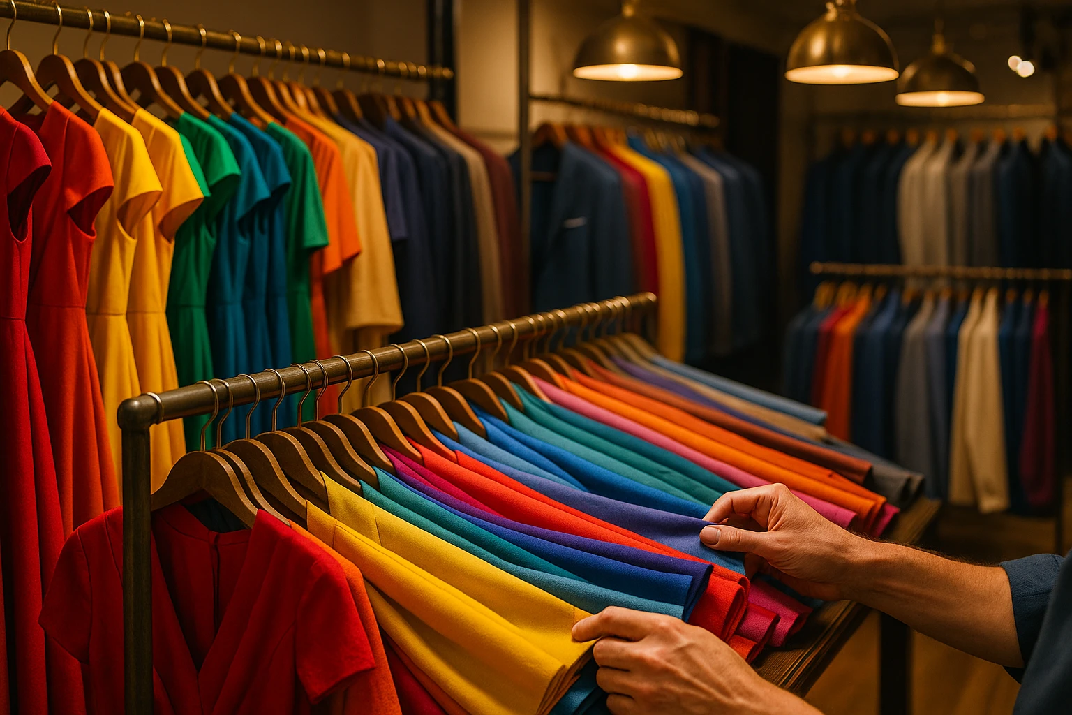 A bustling boutique filled with vibrant dresses and suits, racks of colorful fabrics cascading down, as a pair of hands swiftly sifts through options, under elegant hanging lights.