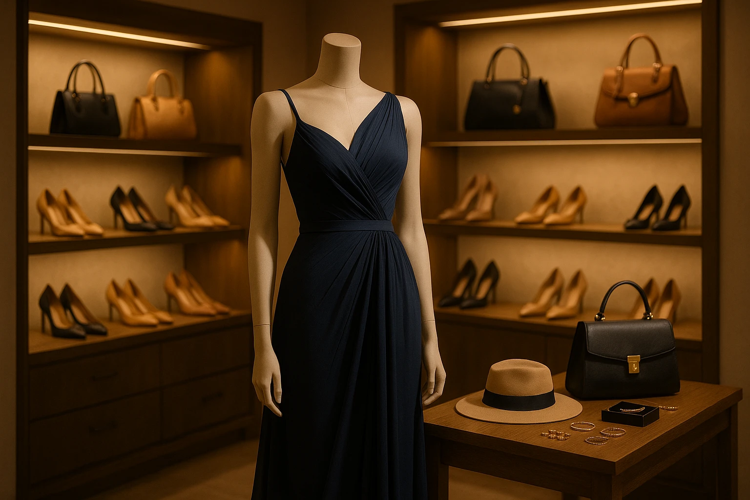 A cozy boutique interior with a chic mannequin dressed in a stylish evening gown near a display of elegant accessories, surrounded by shelves filled with neatly arranged shoes and handbags, soft ambient lighting casting warm hues.