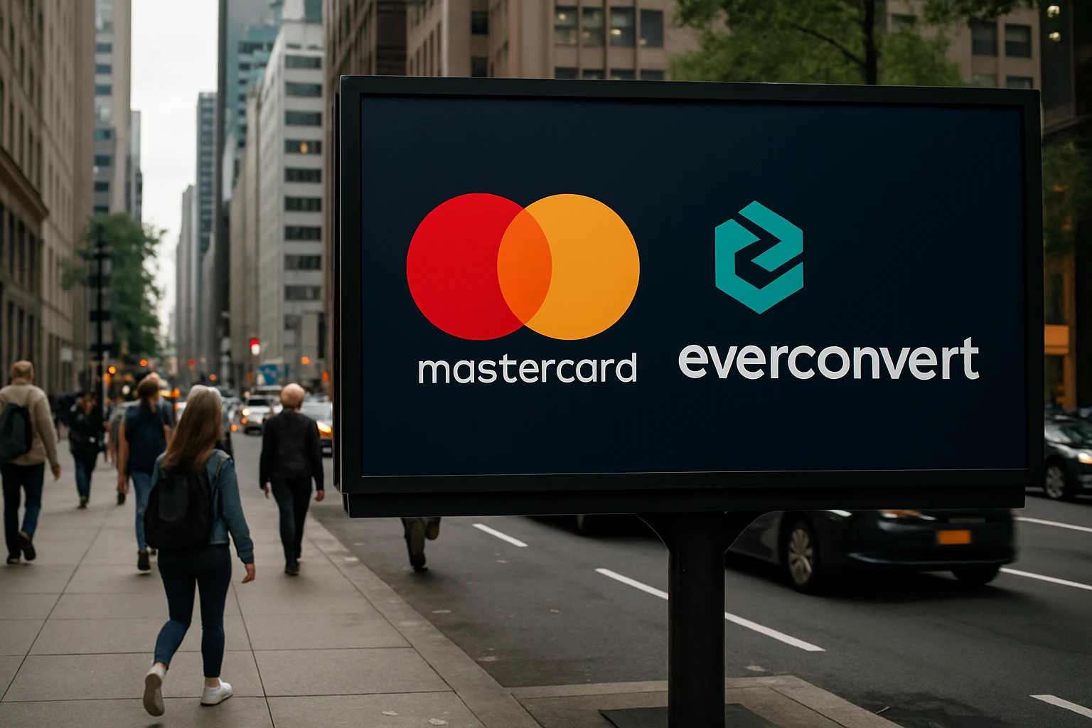 A vivid outdoor billboard featuring the logos of Mastercard and Everconvert.ai, set against a bustling city street with pedestrians walking by, capturing the contrast between digital innovation and everyday urban life.