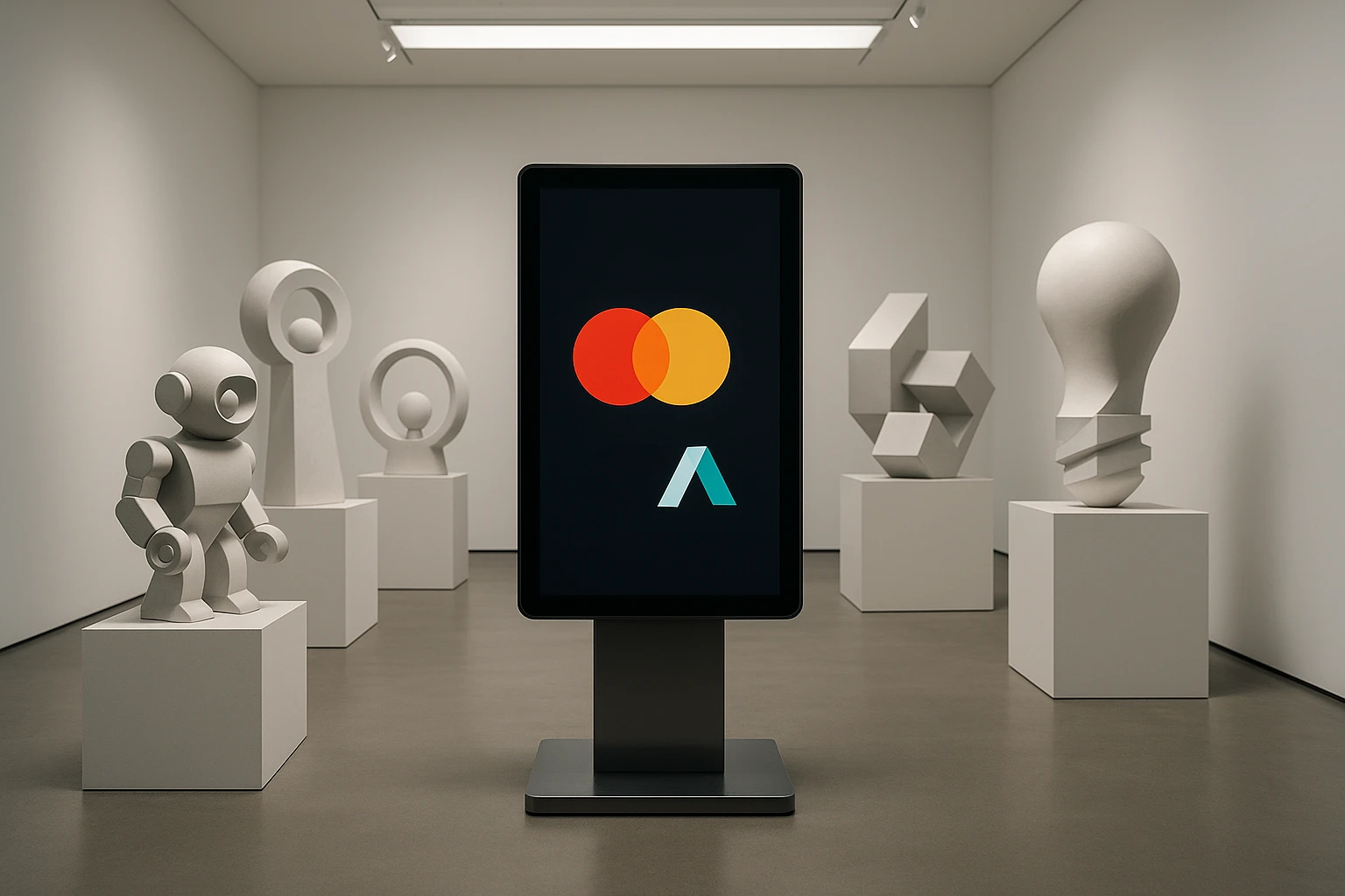 A modern art gallery with a sleek installation featuring an interactive digital kiosk showcasing Mastercard Dynamic Yield and Everconvert.ai logos, surrounded by abstract sculptures representing technology and innovation.