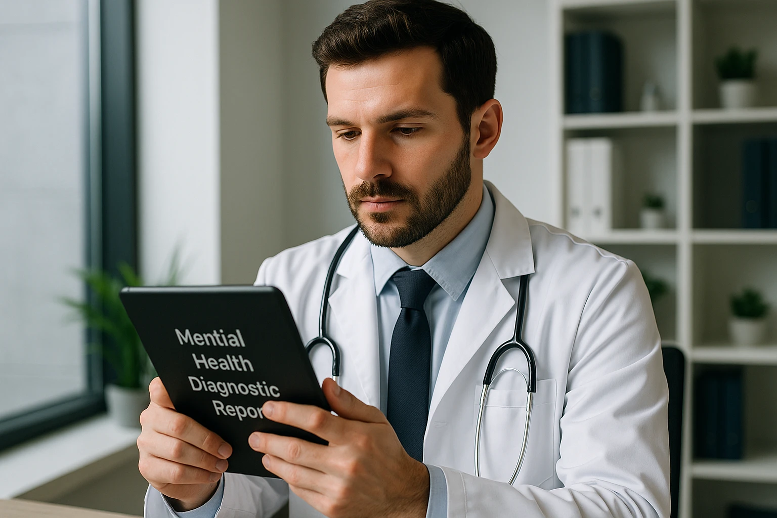 A doctor reviewing a patient's mental health diagnostic report on a tablet in a modern office setting.