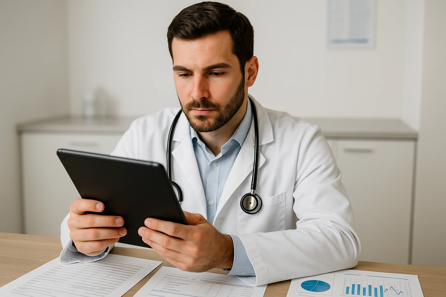 A doctor reviewing a patient questionnaire on a tablet, with clinical trial reports and medical charts on the desk.