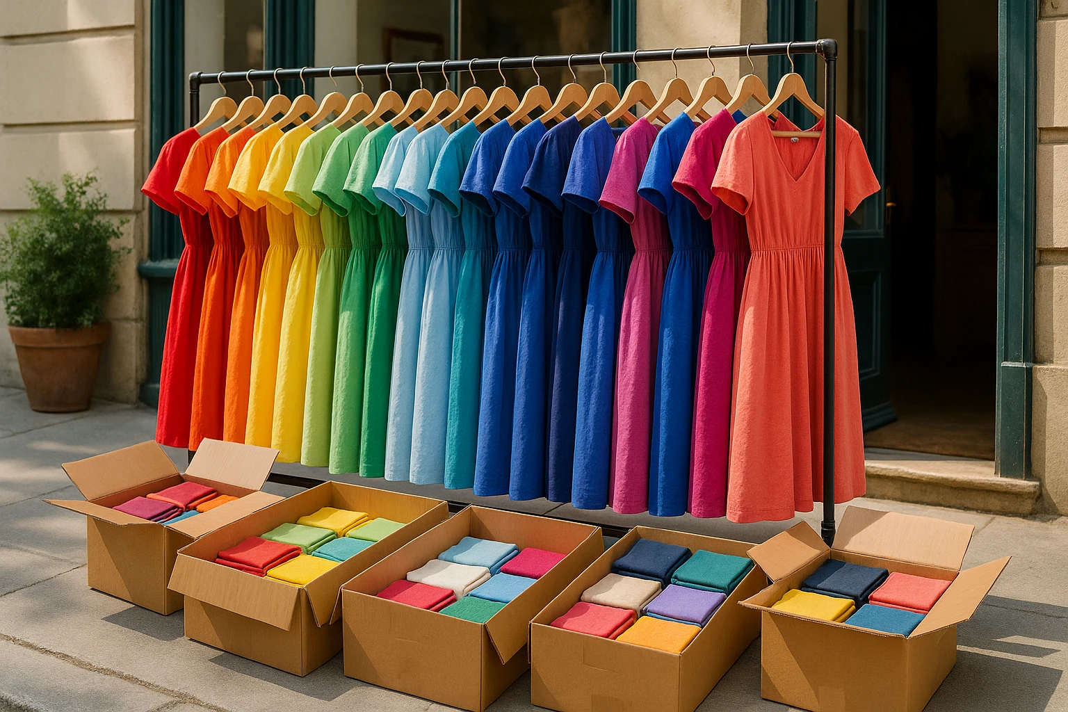 A vibrant scene showing a neatly arranged display of colorful dresses hanging on racks outside a charming boutique, with several open delivery boxes filled with various fabric swatches, hinting at a recent bulk order.