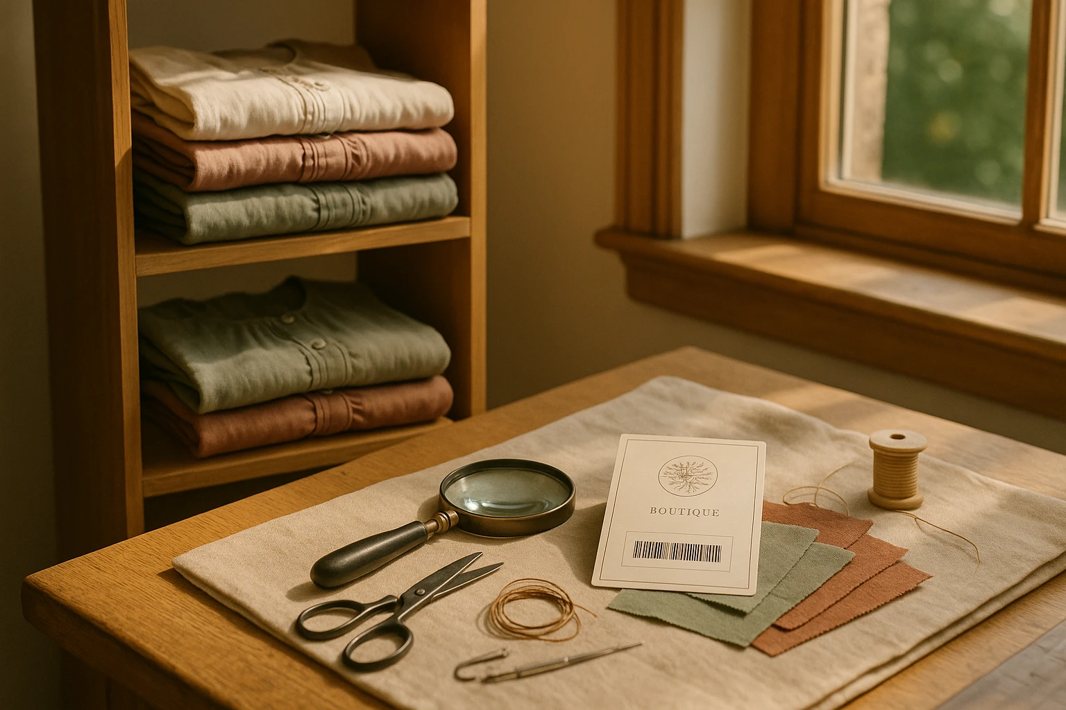 A cozy, sunlit room with neatly folded dresses stacked on wooden shelves, a magnifying glass lying nearby on a table covered with fabric samples and sewing tools, and a shipping label featuring a boutique's logo prominently in view.