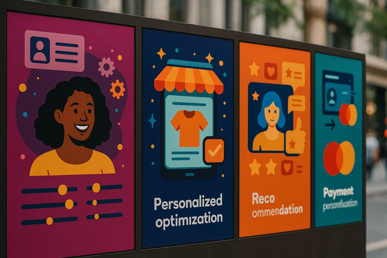 A close-up of multiple vibrant digital marketing posters on a lively city street, each highlighting different personalization platforms, with the Mastercard logo subtly visible among them.