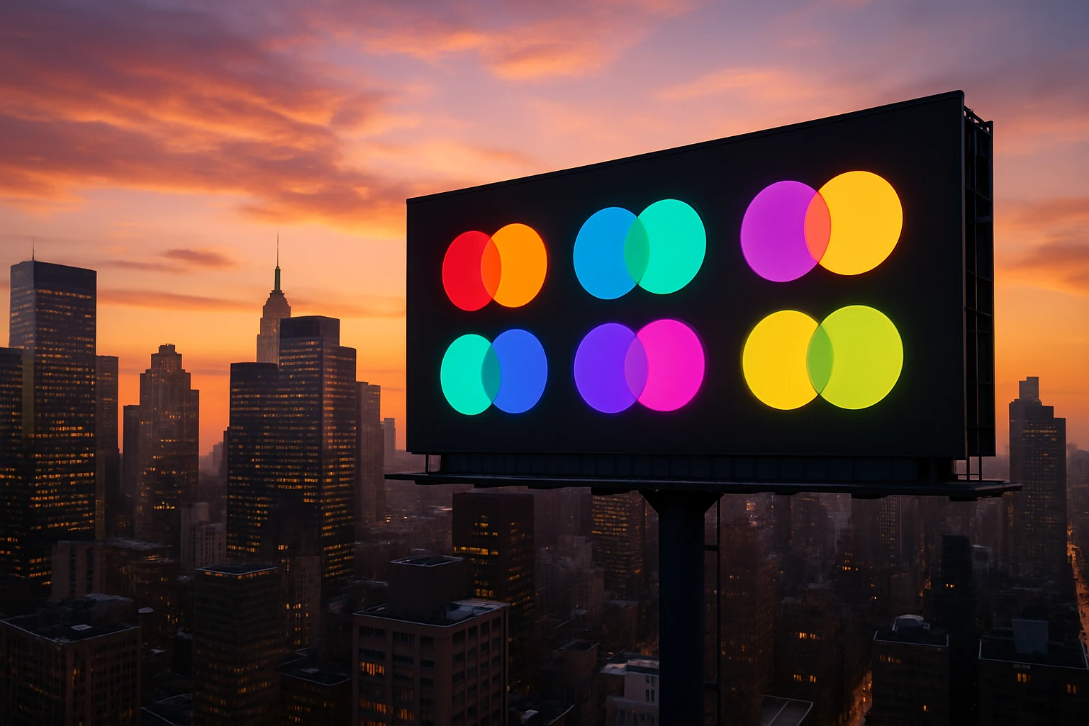 A dynamic cityscape at sunset with a billboard featuring various alternative logos to Mastercard, each glowing with unique colors, set against a backdrop of skyscrapers.