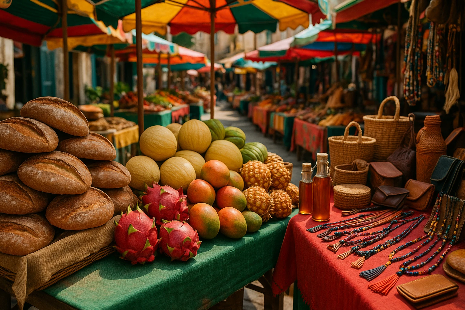 A vibrant outdoor market scene with various products displayed, highlighting regional specialties like artisanal bread, exotic fruits, and handcrafted items on colorful stalls.