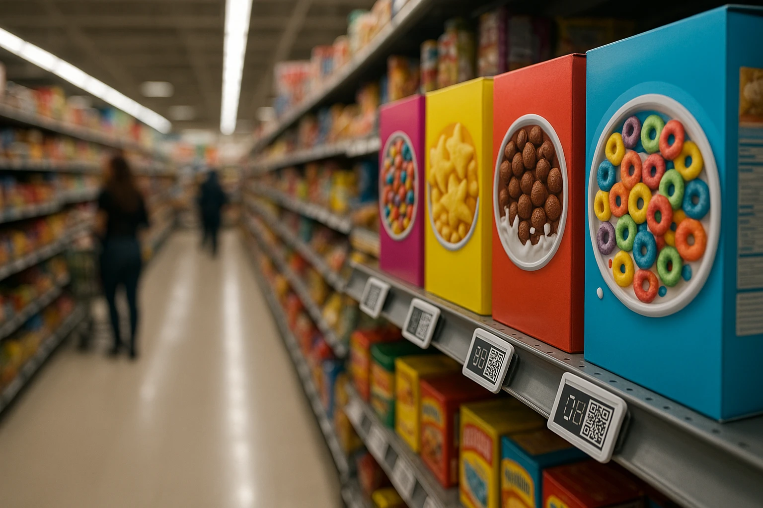 A bustling supermarket aisle filled with diverse products, focusing on a shelf of colorful cereal boxes with eye-catching designs, where QR codes and dynamic pricing tags are visibly attached, hinting at high-tech consumer engagement tools.