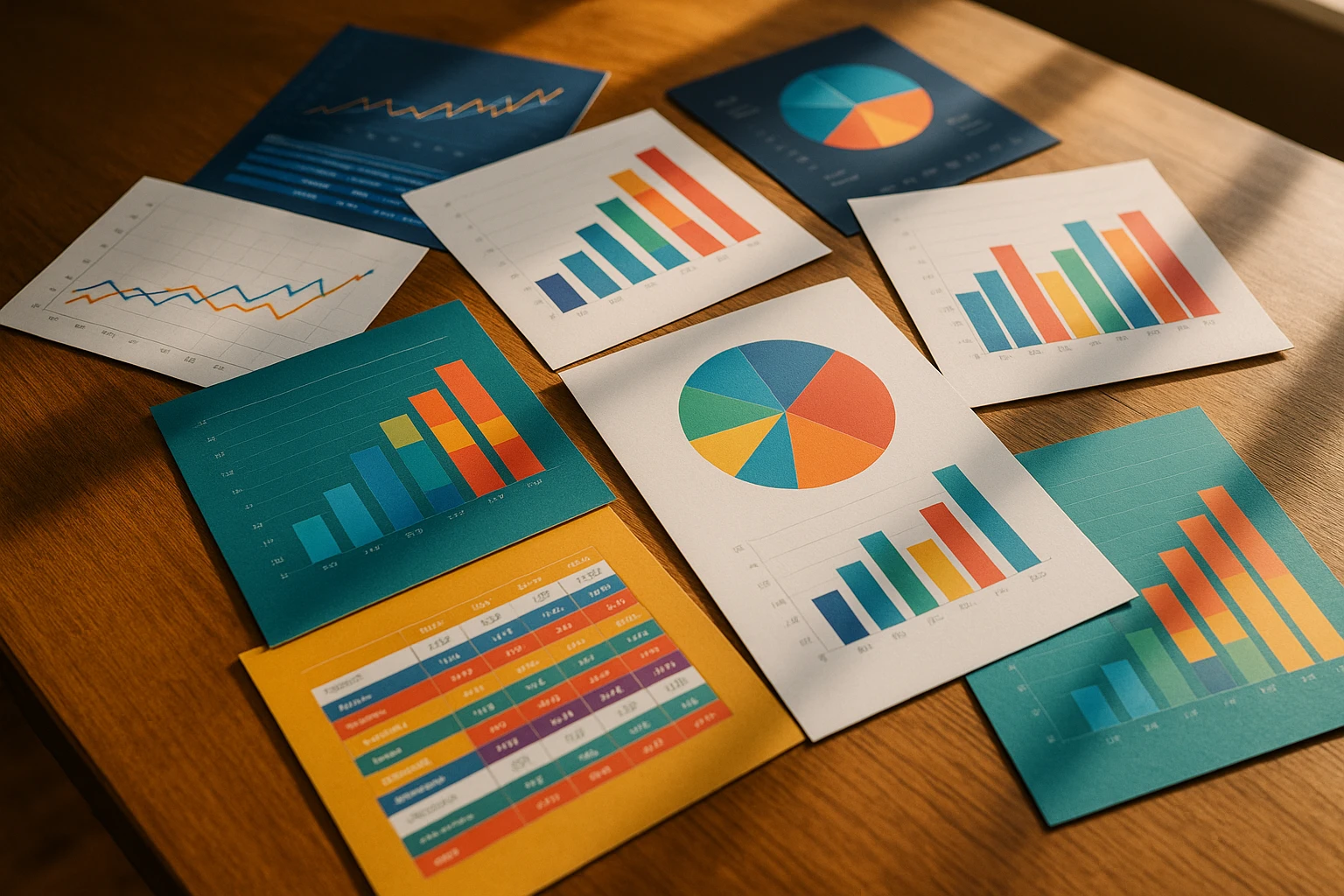 A diverse group of colorful financial brochures scattered on a wooden table, each showcasing vibrant graphs, charts, and comparison tables, under natural sunlight filtering through a nearby window.