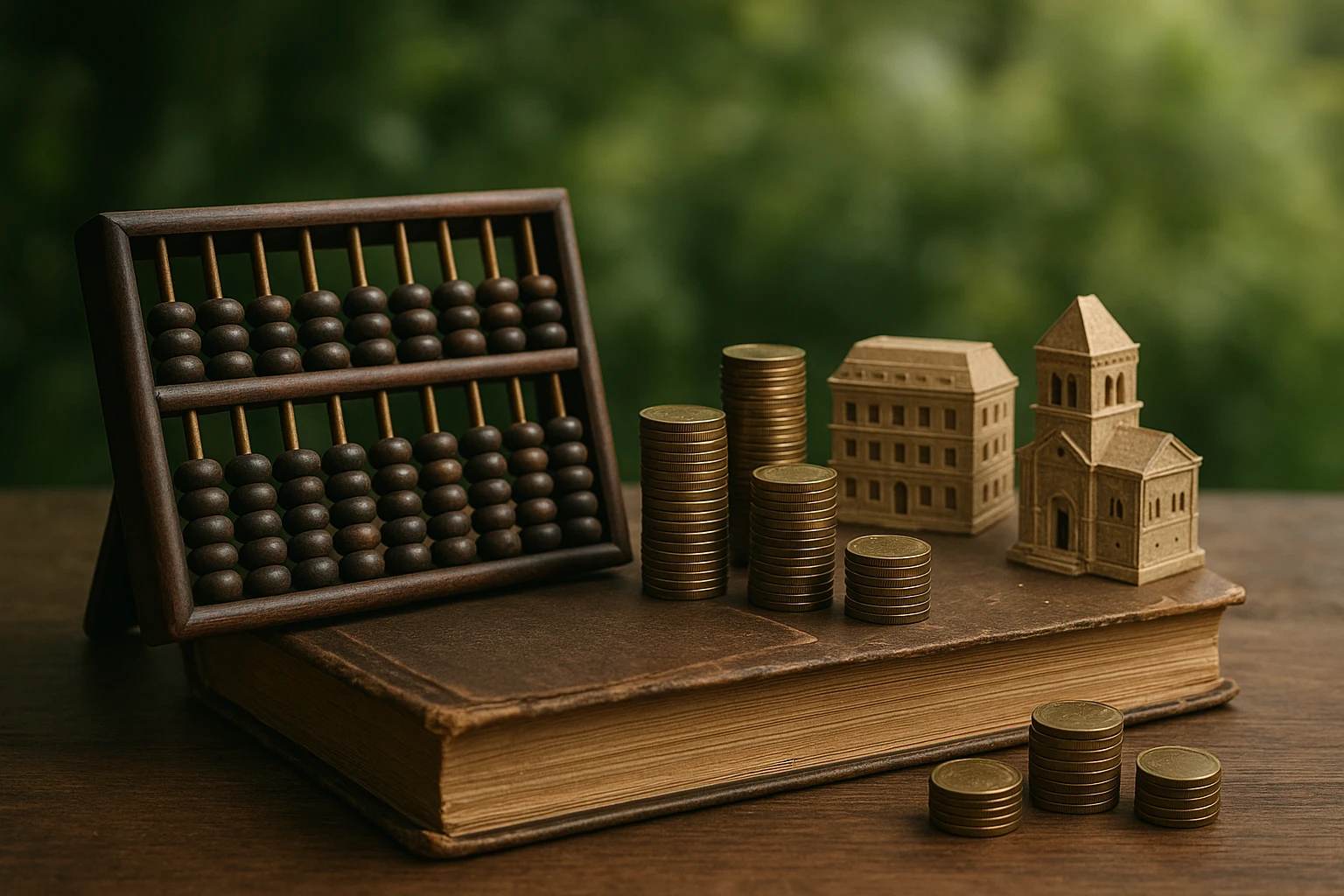 A tabletop scene featuring an elegant abacus and a vintage ledger book, surrounded by stacks of coins and miniature architectural models, set against a backdrop of lush greenery.
