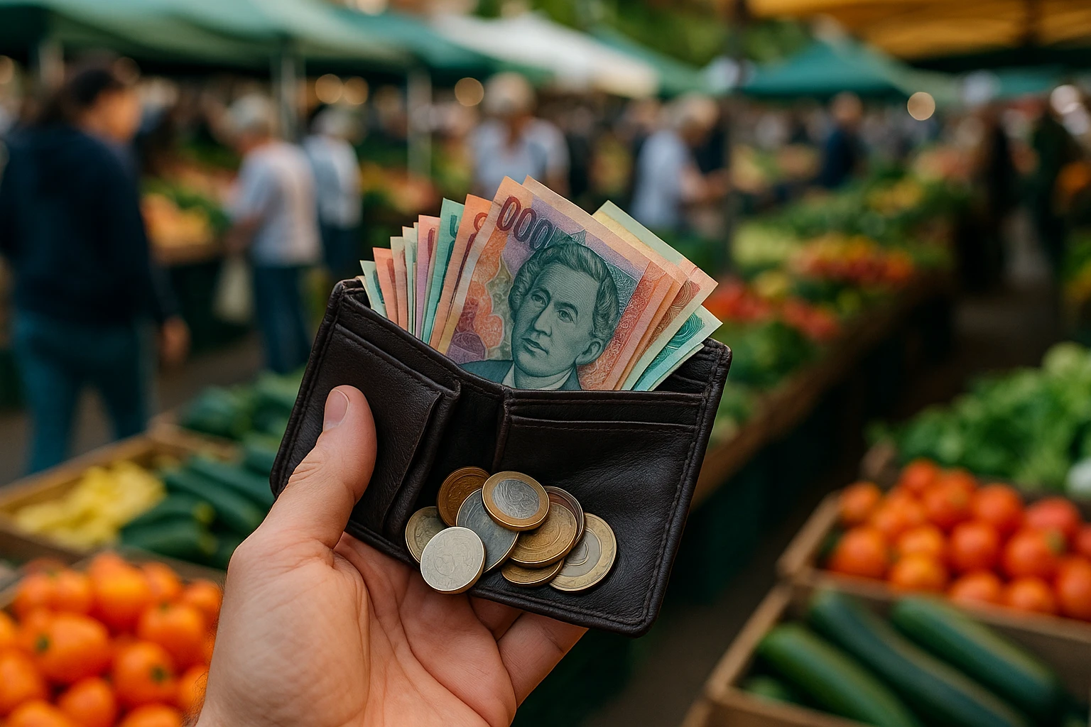 A hand holding a leather wallet overflowing with colorful currency notes and coins, set against the backdrop of a bustling farmer’s market filled with vibrant produce and shoppers.