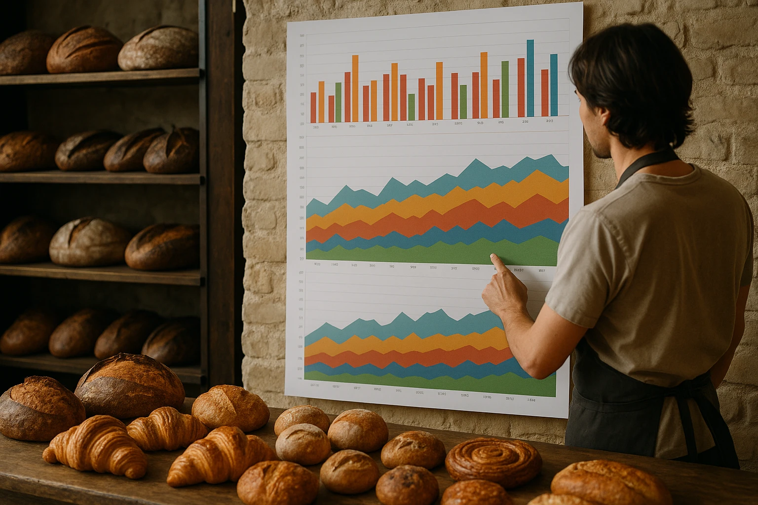 A person reviewing a large, colorful wall chart in an artisan bakery, detailing monthly sales and ingredient costs, surrounded by freshly baked bread and pastries.