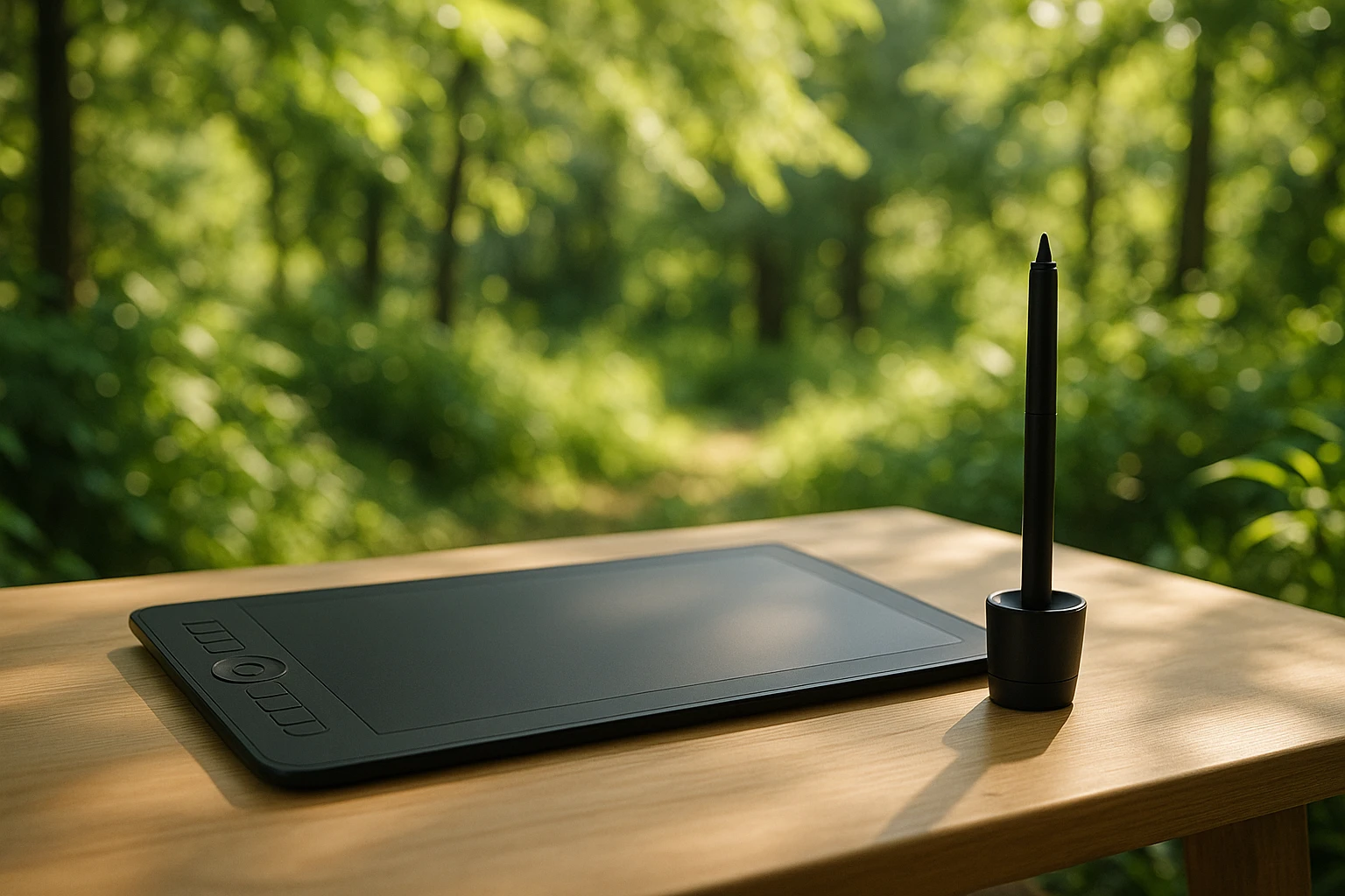 A sleek set of artist's tools, including a digital drawing tablet and stylus, displayed on a minimalist wooden table surrounded by lush greenery and sunlight filtering through trees.