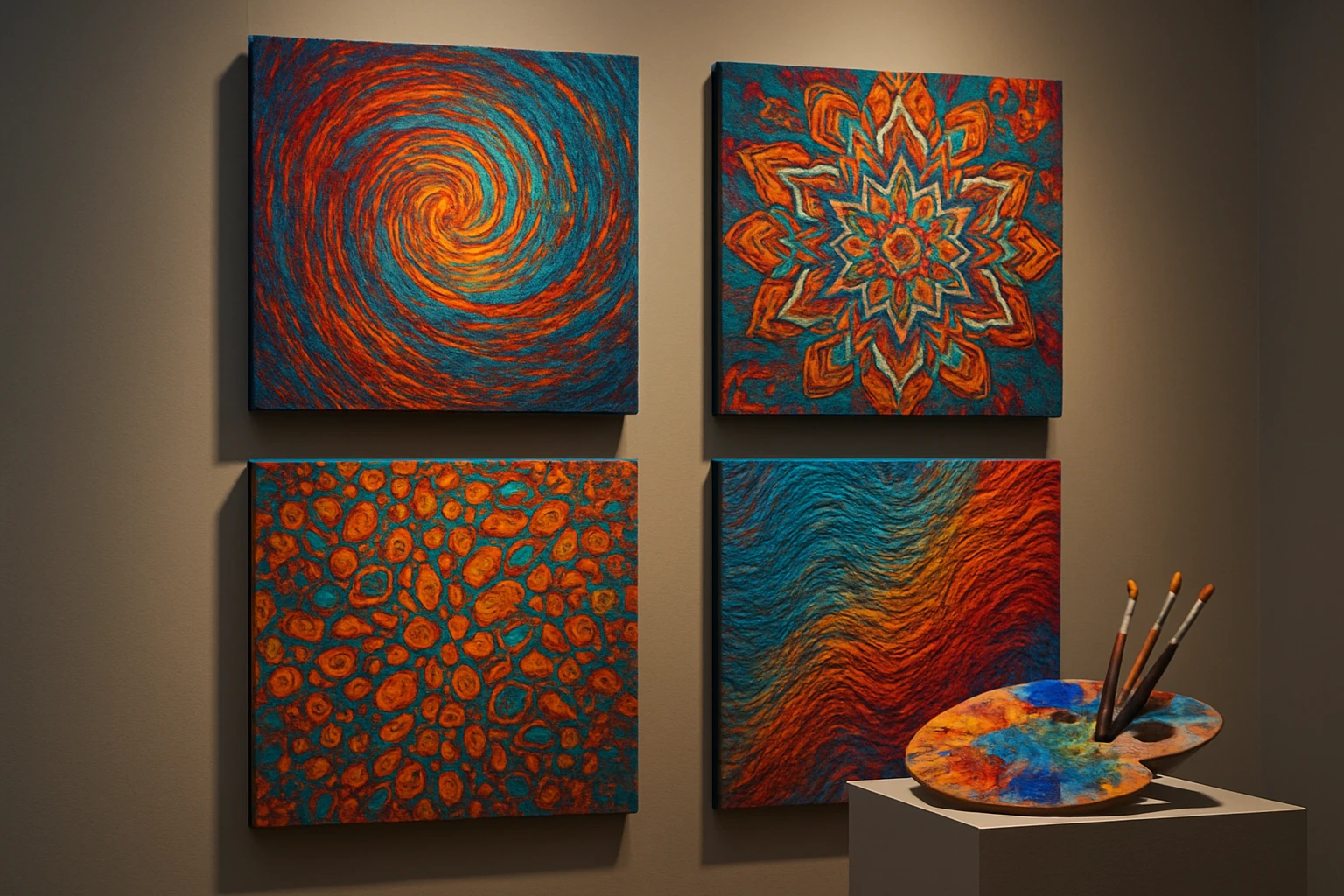 A collection of vibrant digital art prints featuring intricate patterns and textures, displayed on a gallery wall illuminated by soft, ambient lighting, with a palette of paint and brushes on a nearby pedestal.
