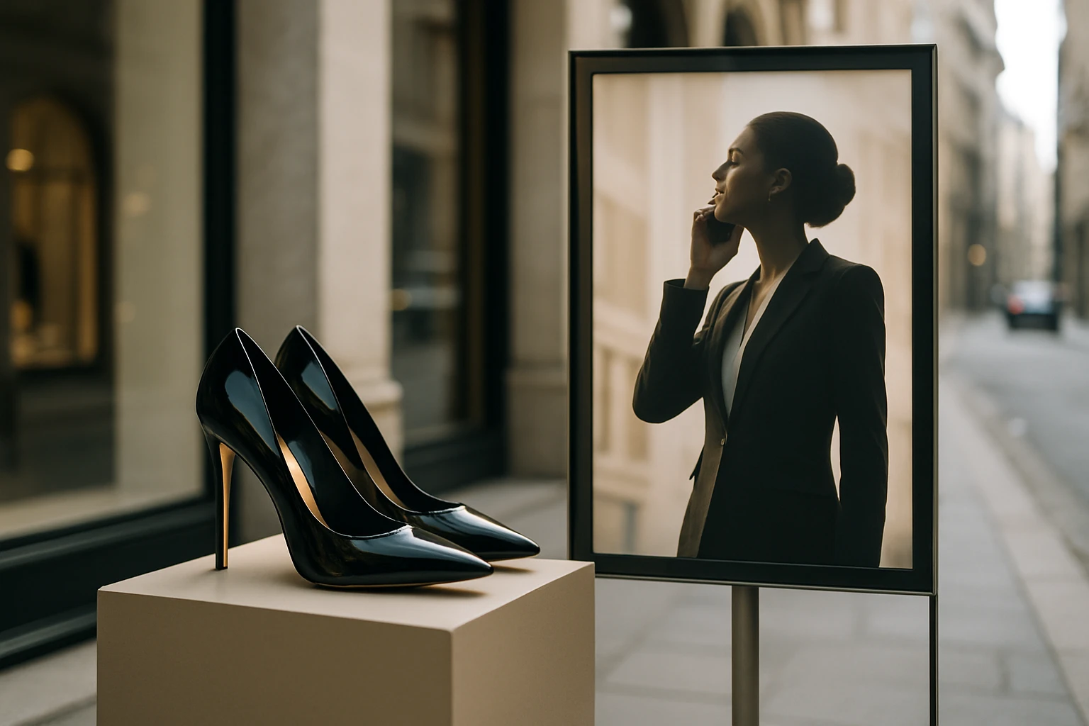 A sleek pair of high heels displayed on a fashion boutique pedestal next to an elegant outdoor poster advertising a financial seminar, set against a city street backdrop.