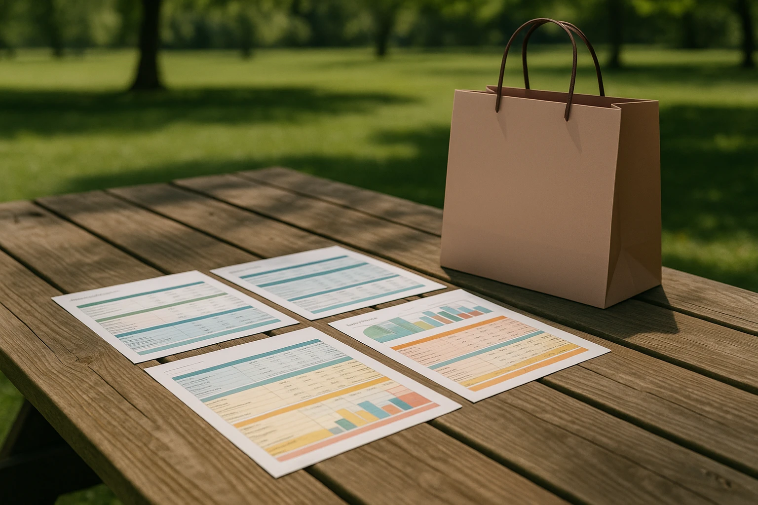 A financial management toolkit with a variety of colorful budgeting spreadsheets spread across a wooden picnic table in a sunny park, accompanied by a fashionable boutique shopping bag resting beside it.