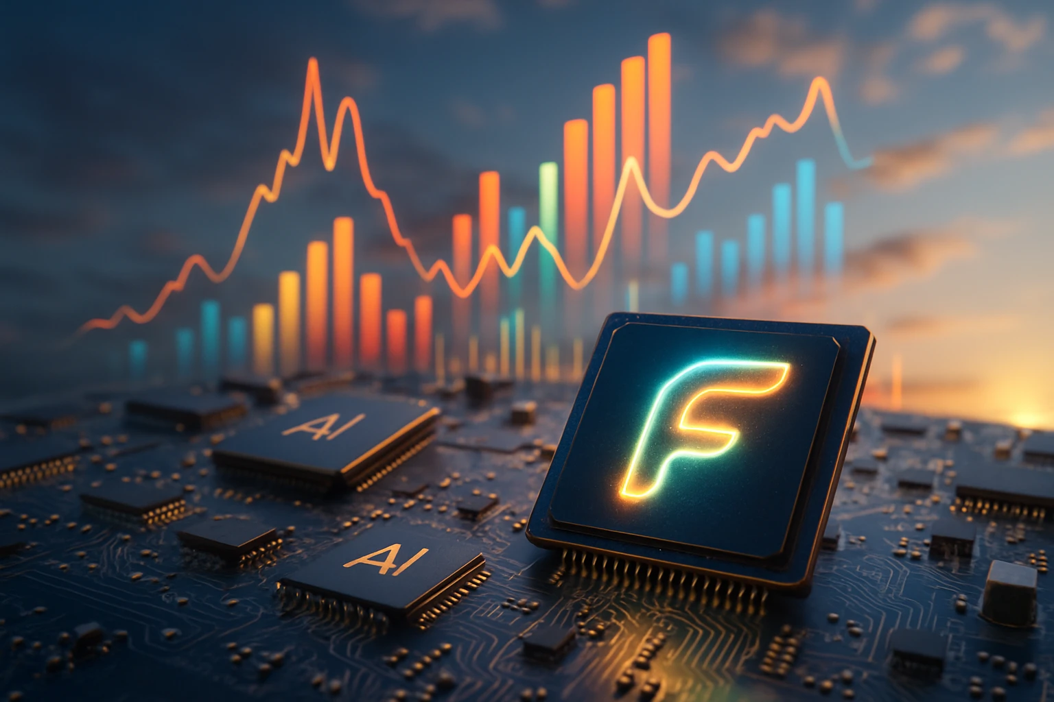 A complex circuit board with embedded AI chips sits alongside a dynamic, glowing Fibr AI logo, surrounded by colorful graphs and data visualizations projecting upward into the open sky.