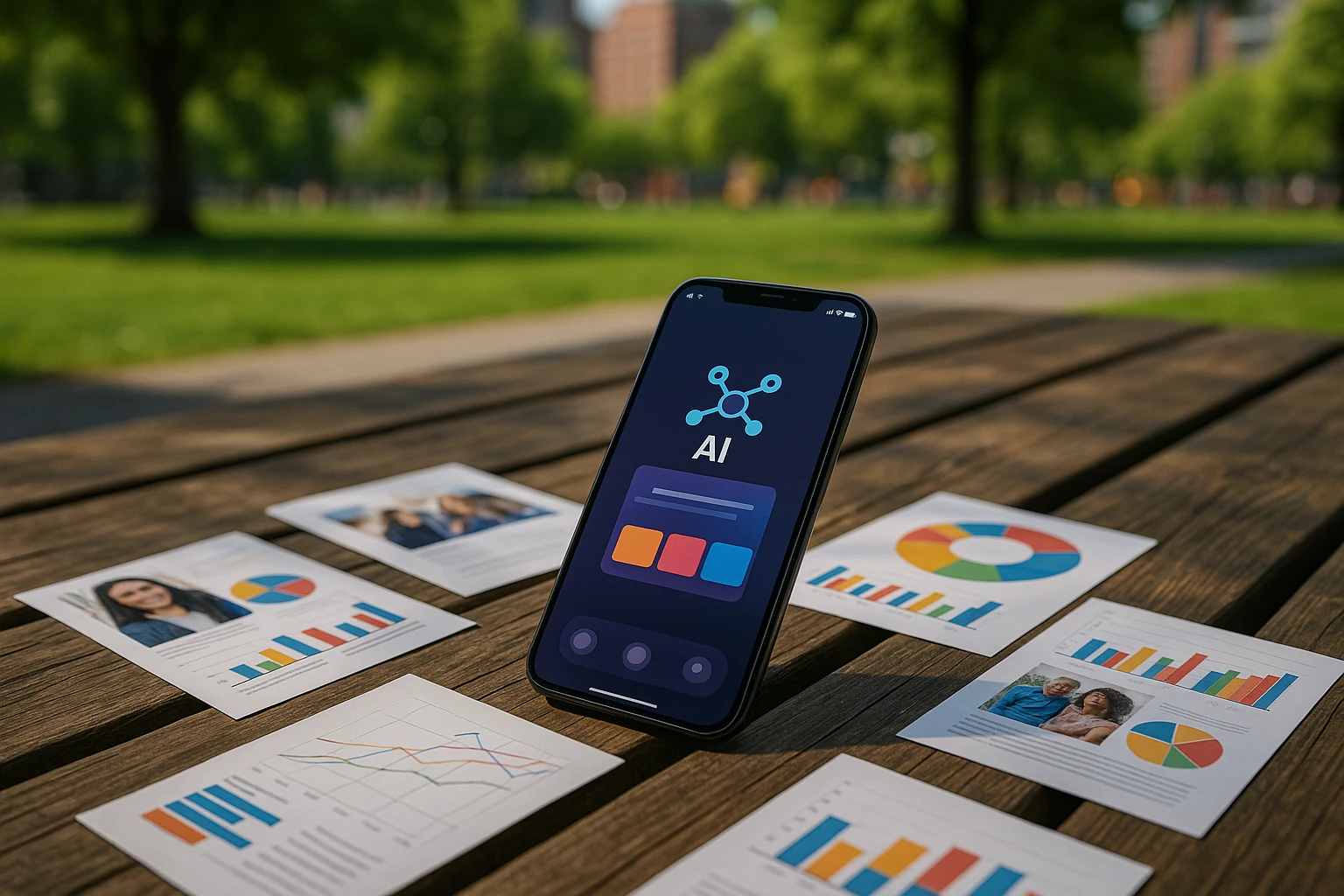 A sleek smartphone on a wooden picnic table displaying the Fibr AI app interface, surrounded by scattered marketing flyers and colorful analytics charts, set against a backdrop of a vibrant urban park.