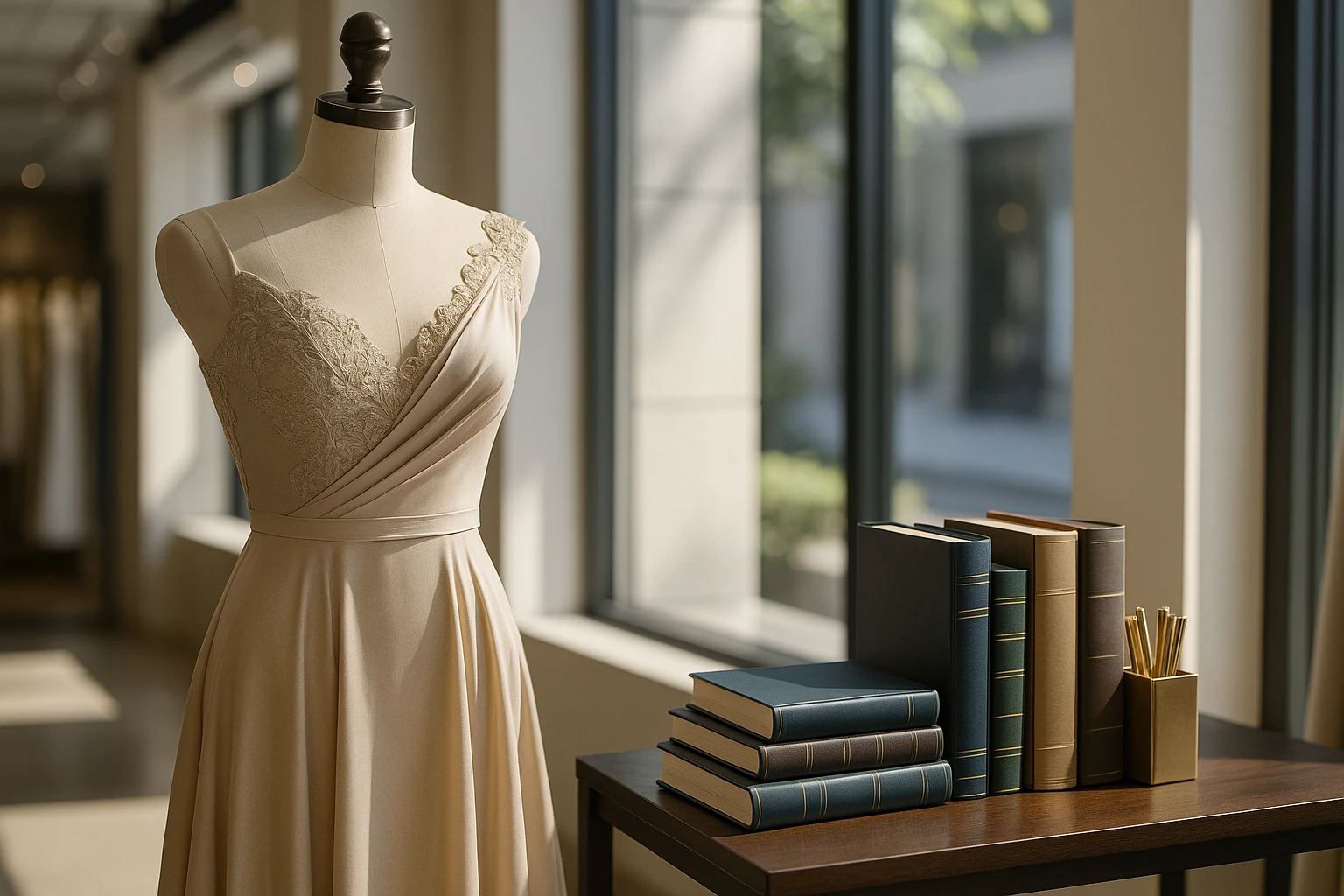 A designer dress displayed elegantly on a mannequin beside an array of financial books in a sleek, sunlit boutique setting, capturing the blend of fashion and financial wisdom.