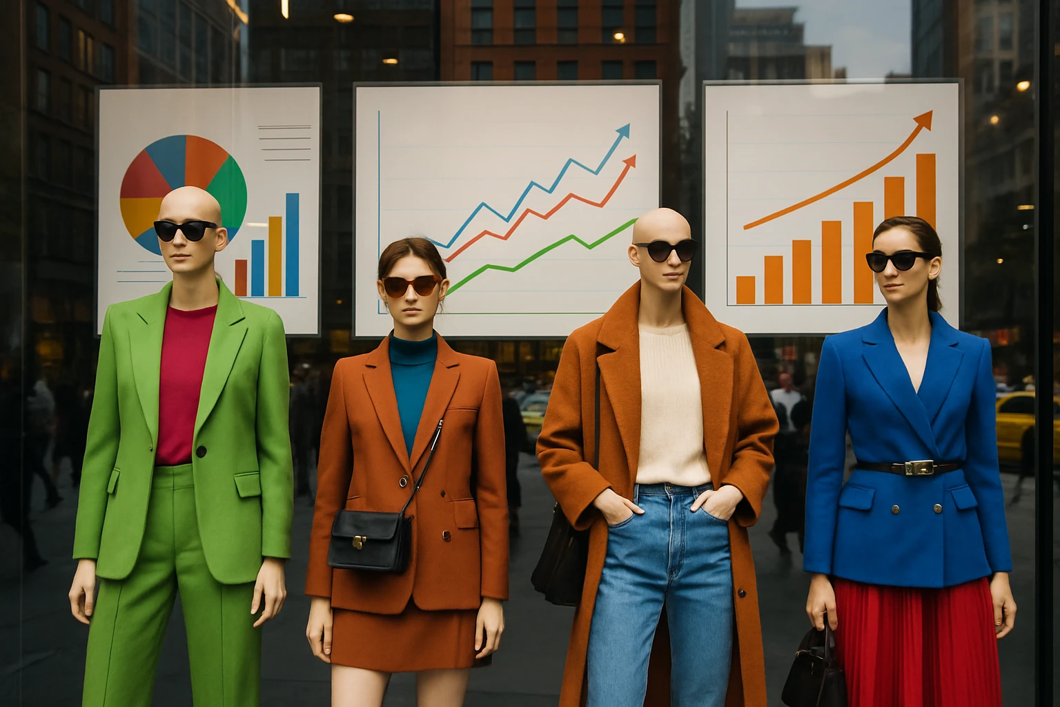 A vibrant storefront display showcases a series of fashion-forward mannequins dressed in trendsetting outfits, accompanied by eye-catching charts and graphs illustrating financial growth, set against an urban backdrop of bustling city life.