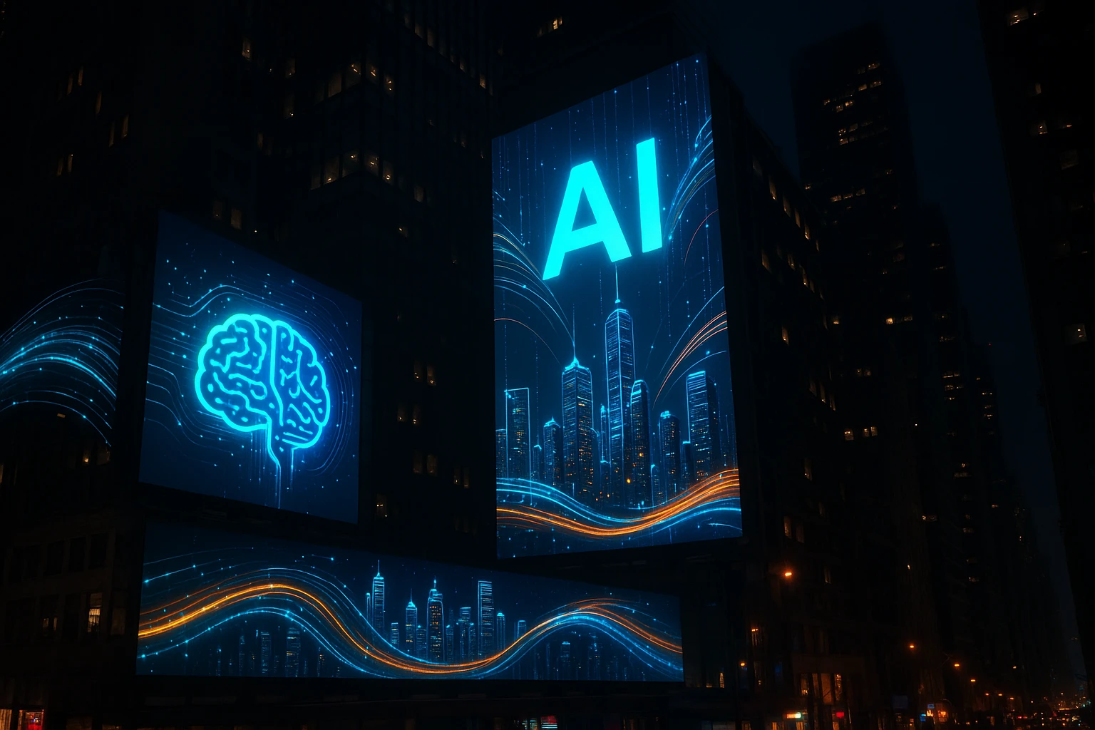 A dynamic cityscape at night featuring illuminated billboards displaying logos of Fibr AI and Everconvert.ai, with vibrant digital graphics showcasing data streams flowing between skyscrapers, representing AI integration and innovation.