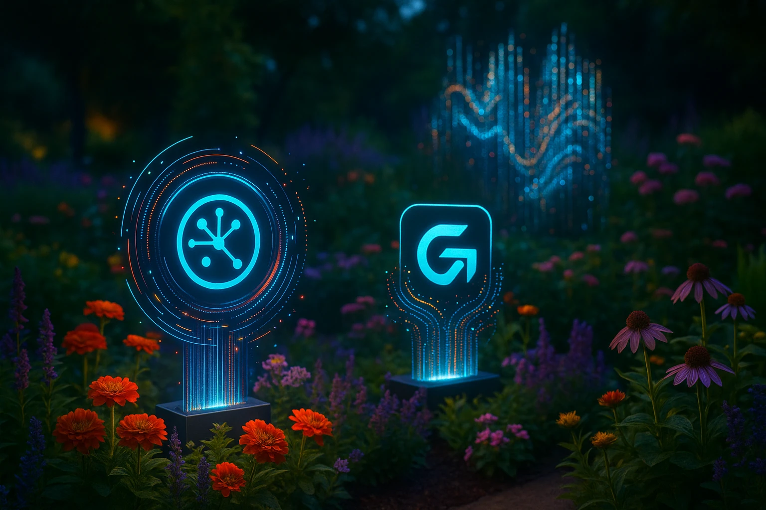 A futuristic garden scene with holographic displays emerging from flower beds, showcasing the logos of Fibr AI and Everconvert.ai surrounded by vibrant, glowing data patterns, symbolizing advanced integration and environmental technology harmony.