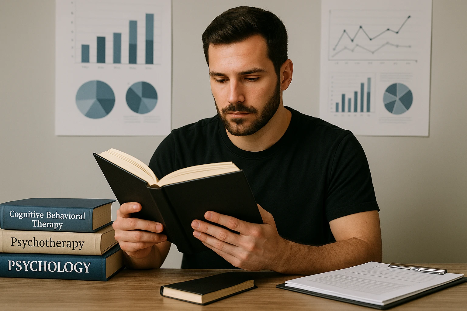 A therapist sitting at a desk reviewing patient notes surrounded by psychology textbooks and data charts.