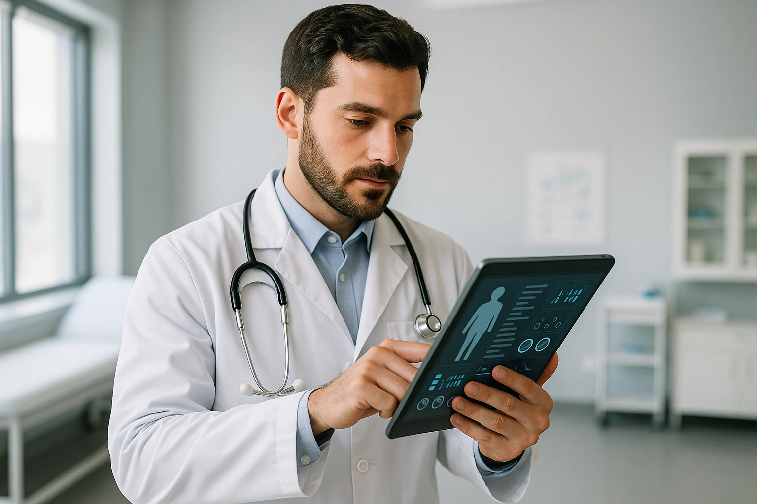 A medical professional using a tablet with digital assessment tools in a modern clinic setting.