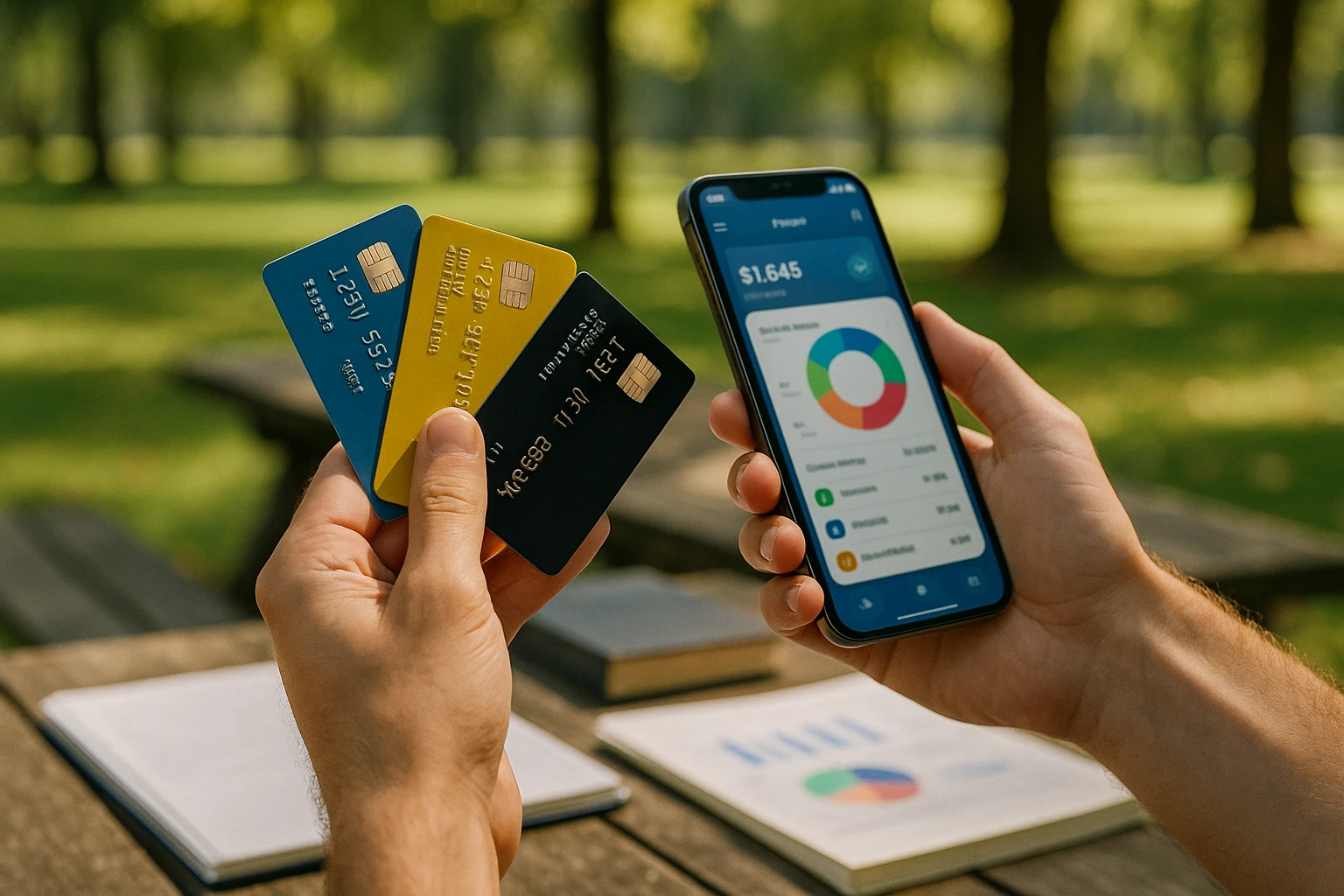 A person holding various physical credit cards and a smartphone displaying a fintech app outdoors in a sunlit park, surrounded by trees and a picnic table with papers and financial books spread out.