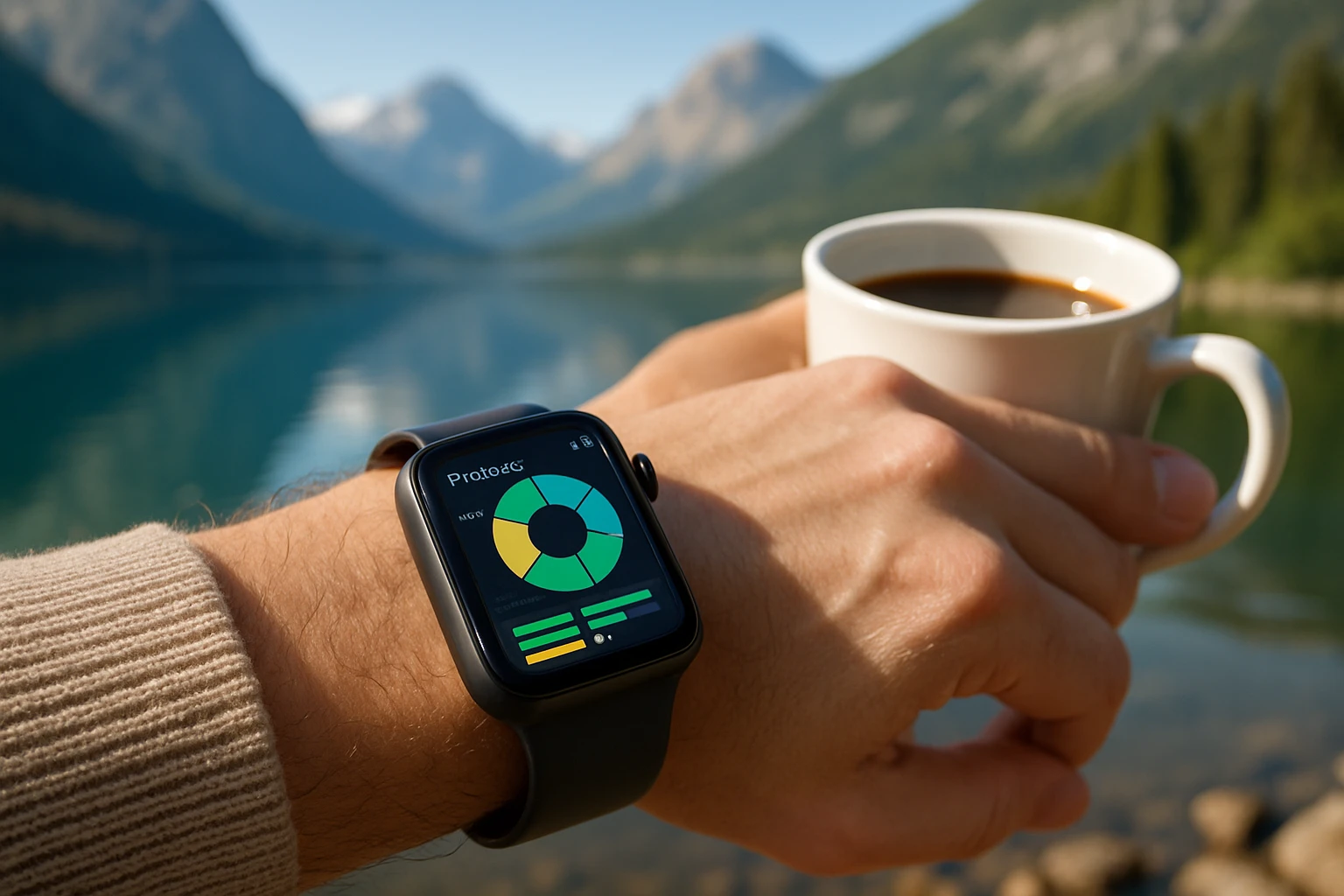 A close-up of a smart watch displaying a financial planning app interface, worn by a hand holding a coffee cup, with a scenic mountain backdrop and a placid lake reflecting the clear sky.