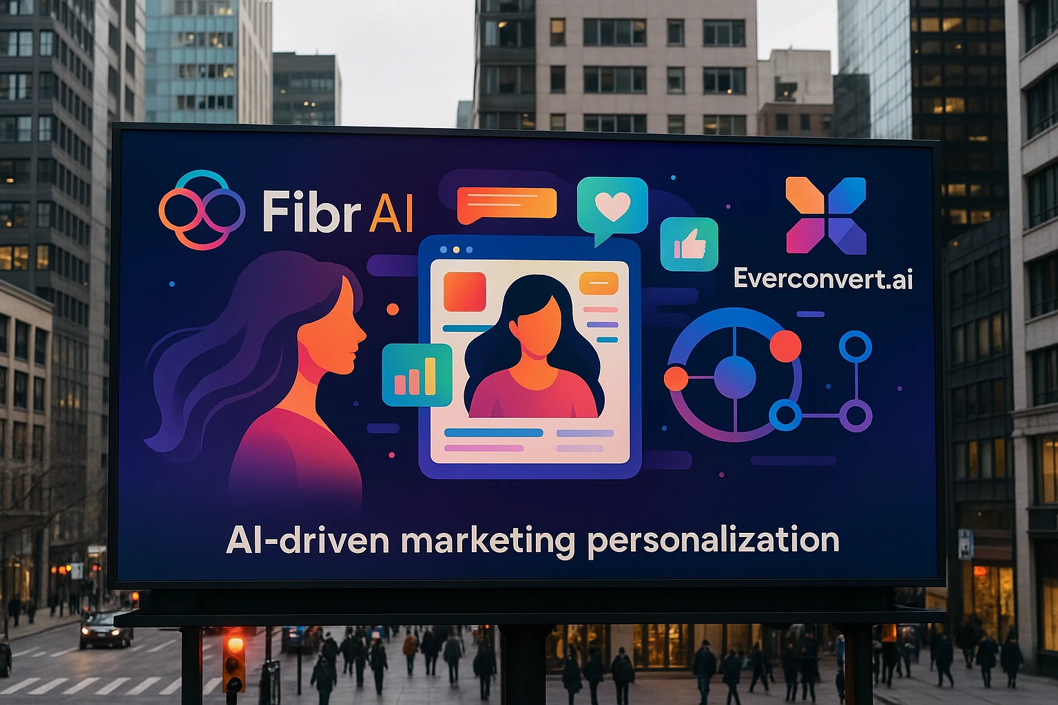 A large outdoor billboard in a bustling city displays dynamic visuals and logos for Fibr AI and Everconvert.ai, illustrating their capabilities in AI-driven marketing personalization, with colorful graphics that attract passersby.