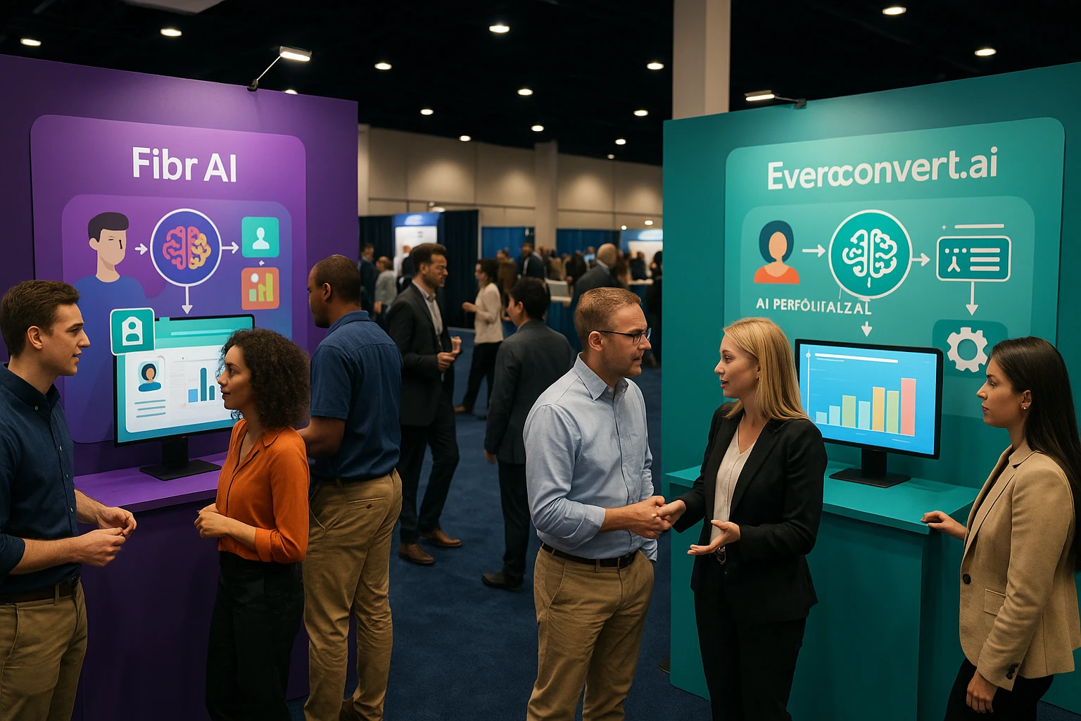 A vibrant indoor marketing trade show features interactive booths for Fibr AI and Everconvert.ai, each showcasing their unique AI personalization tools with colorful infographics and demonstration screens, surrounded by curious attendees engaging with innovative displays.