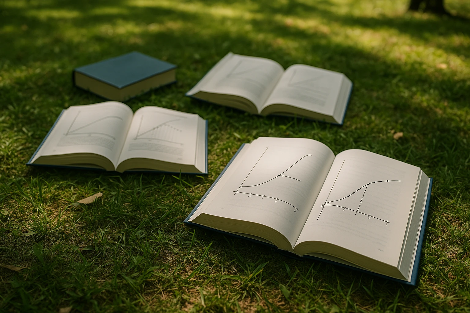 A collection of real analysis textbooks scattered across a grassy park, with pages open to illustrate diagrams of functions and convergence, surrounded by natural light filtering through the trees.