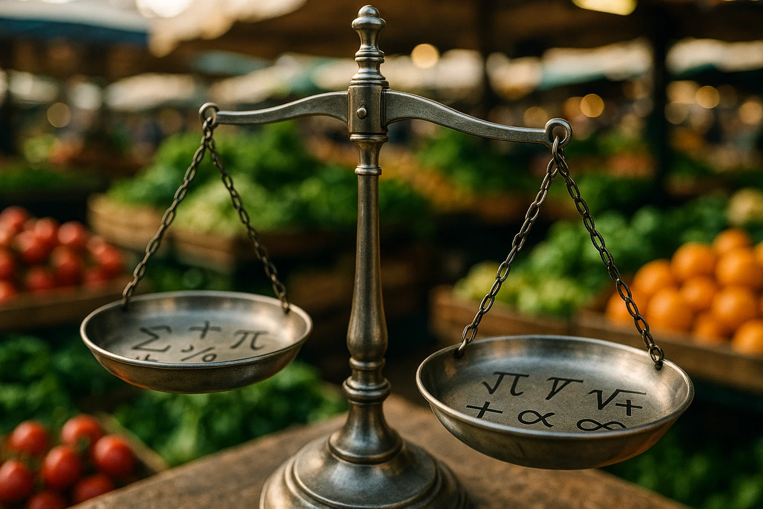 A close-up of a metallic balance scale in an outdoor market setting, with mathematical symbols delicately engraved on its plates, surrounded by fresh produce and bustling market stalls in the background.
