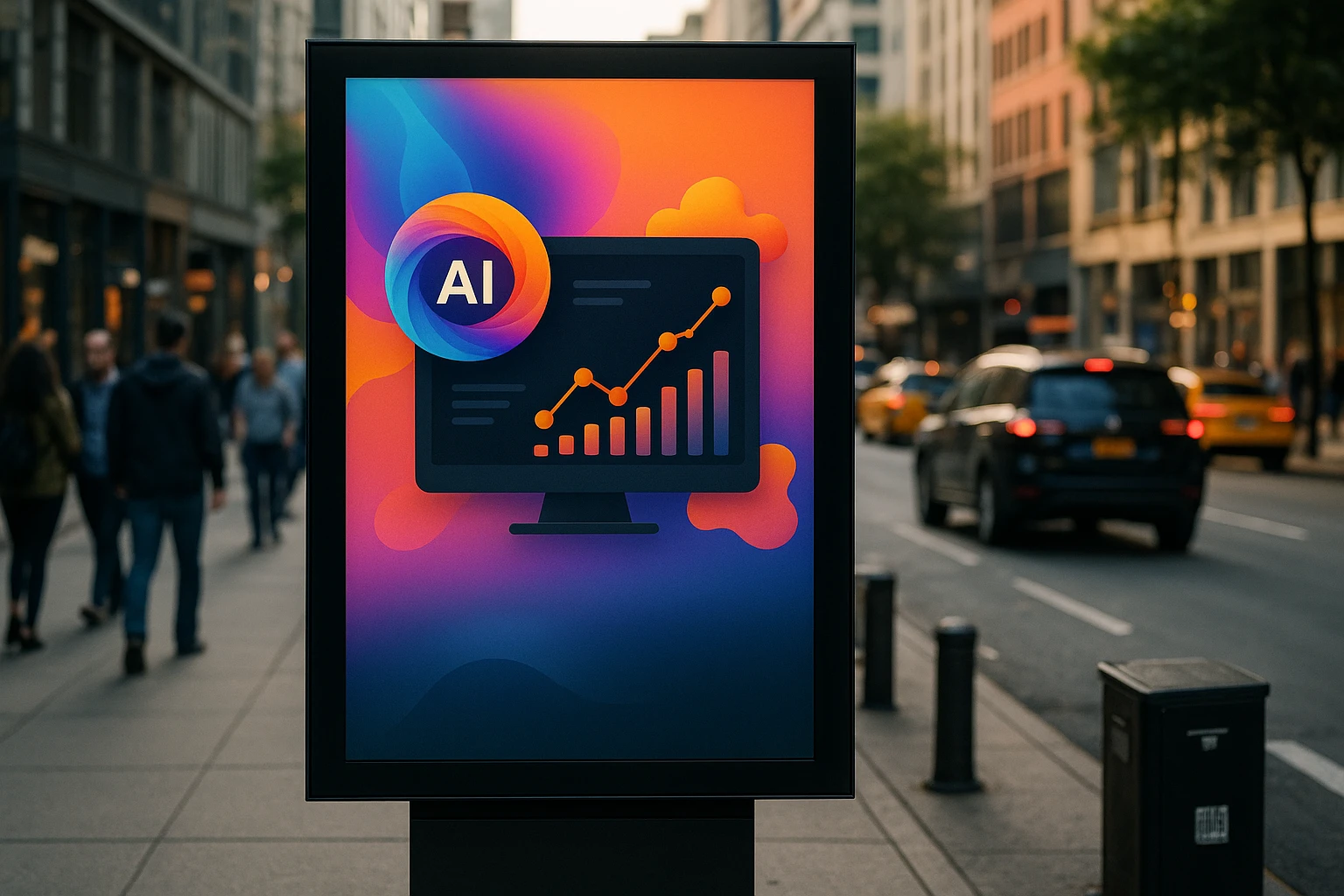 A dynamic outdoor billboard displays a vibrant advertisement for an AI-powered website optimization tool, set against the backdrop of a bustling city street with pedestrians and vehicles passing by.