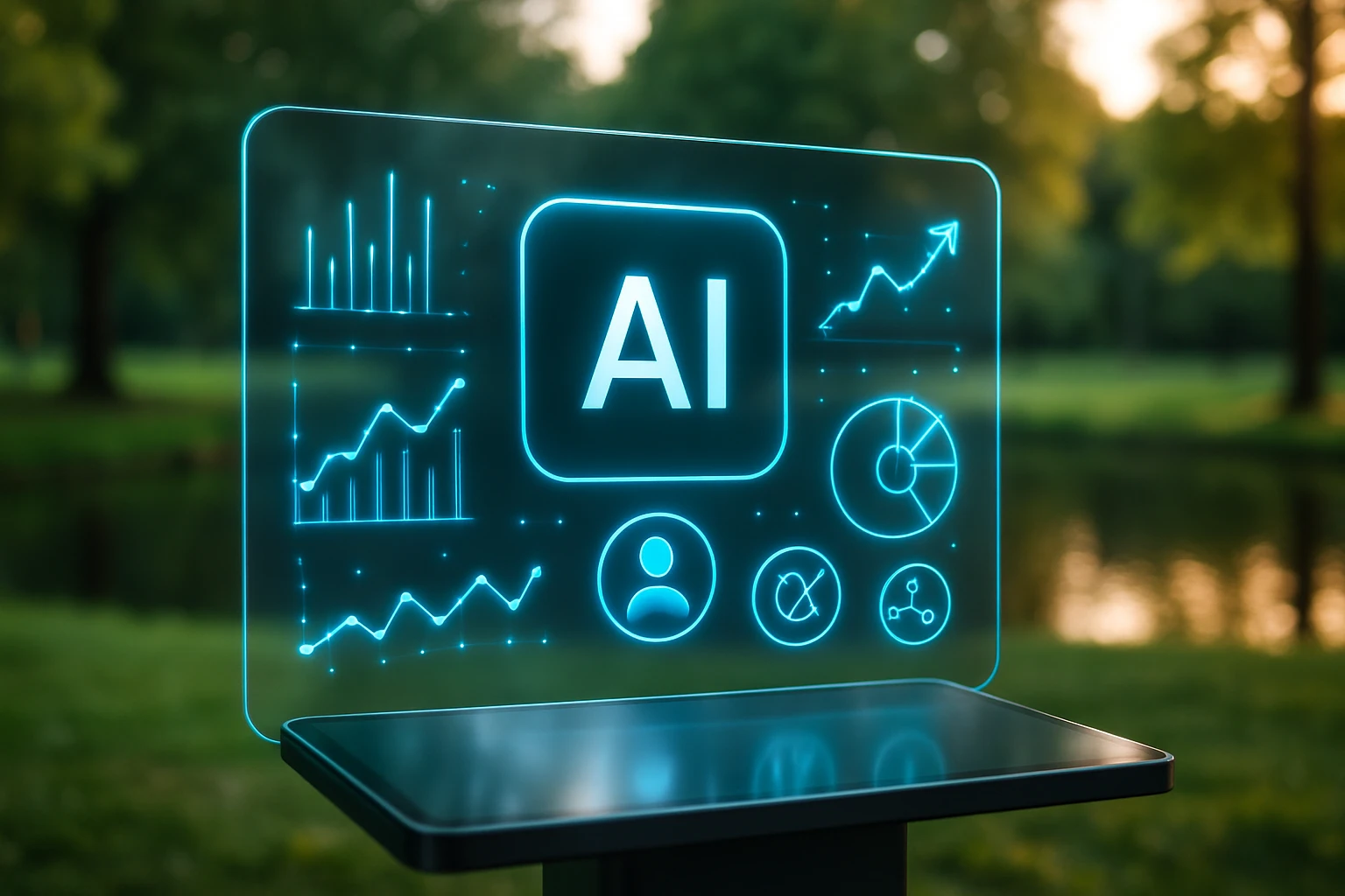 A close-up of a sleek AI tool interface displayed on a futuristic holographic screen, surrounded by glowing analytics graphs and data icons, set against the serene backdrop of a tranquil park.