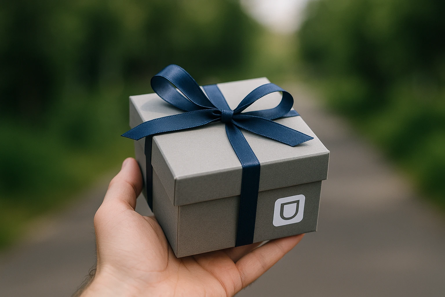 A hand holding a gift box outdoors, with a visible UNIQ logo on the packaging, symbolizing the quick and convenient delivery of software licenses.