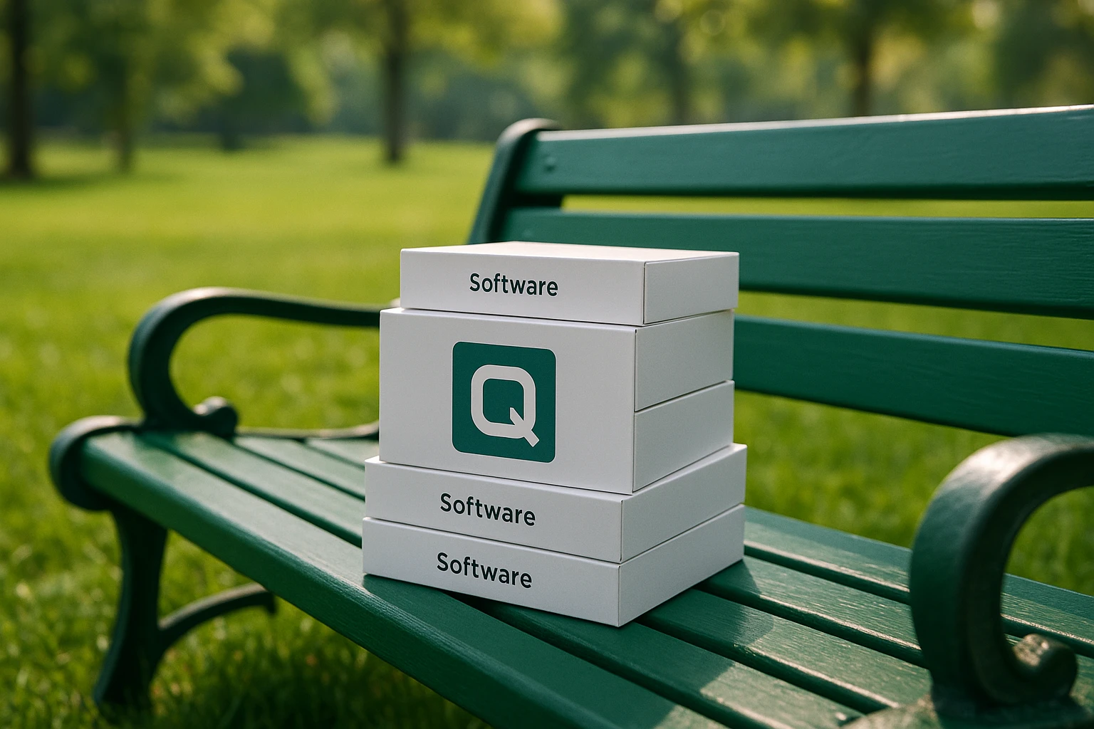A stack of software boxes with the UNIQ logo prominently displayed on a vibrant, grassy park bench, symbolizing the ease and accessibility of license management outdoors.