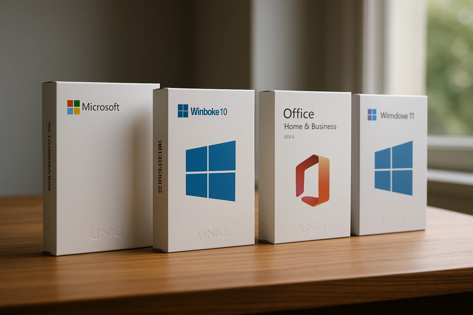 A set of neatly arranged Microsoft software boxes displayed on a wooden counter, with the UNIQ logo subtly embossed on each package, under a soft natural light filtering in through a nearby window.