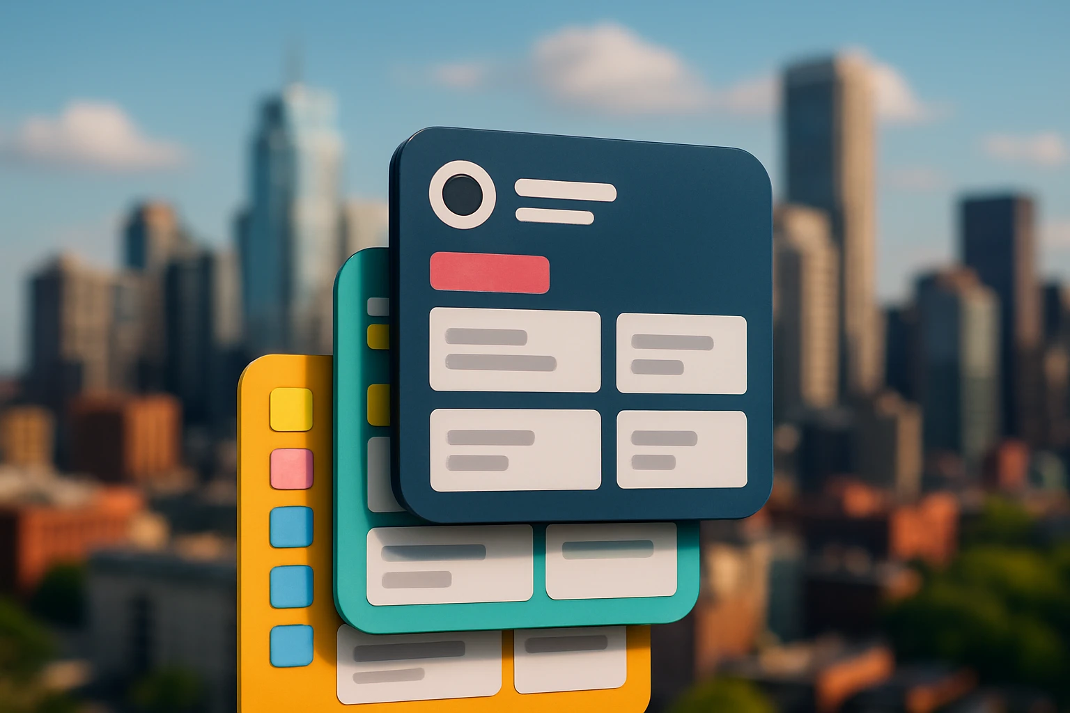 A dynamic image of a stack of colorful, customizable task boards with the UNIQ logo prominently displayed, set against a vibrant cityscape to symbolize versatility and adaptability.